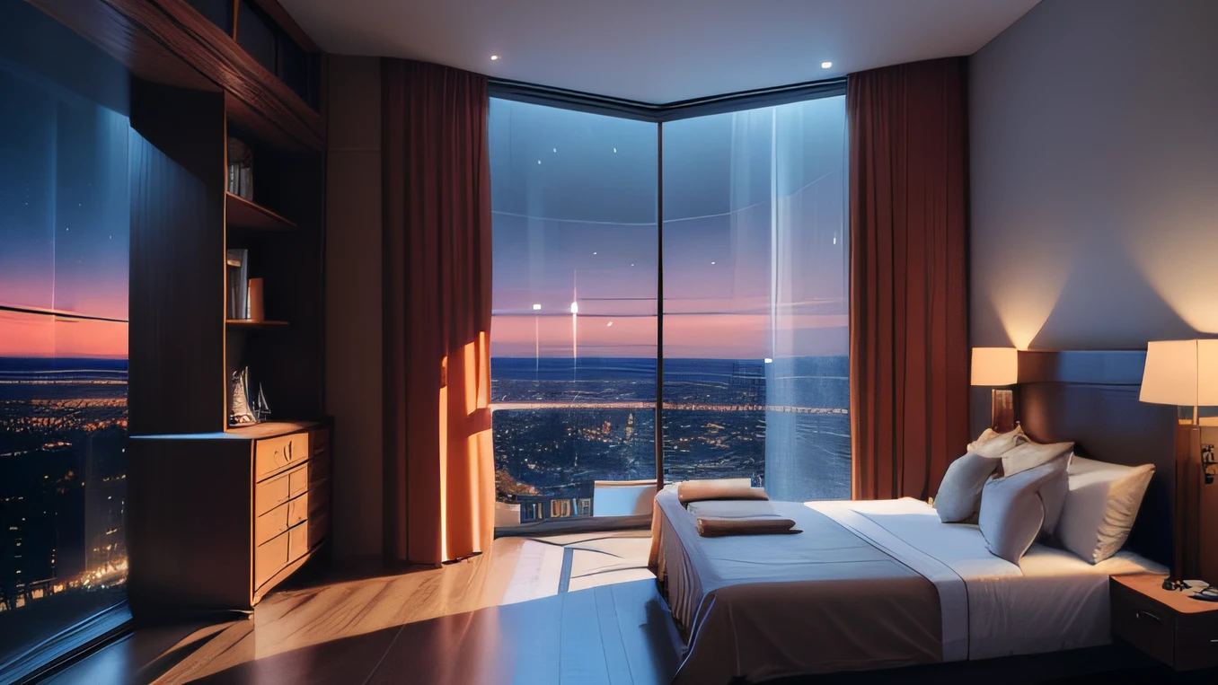 Interior design，Bedrooms，Northern style，floor to ceiling window，the night，High floors