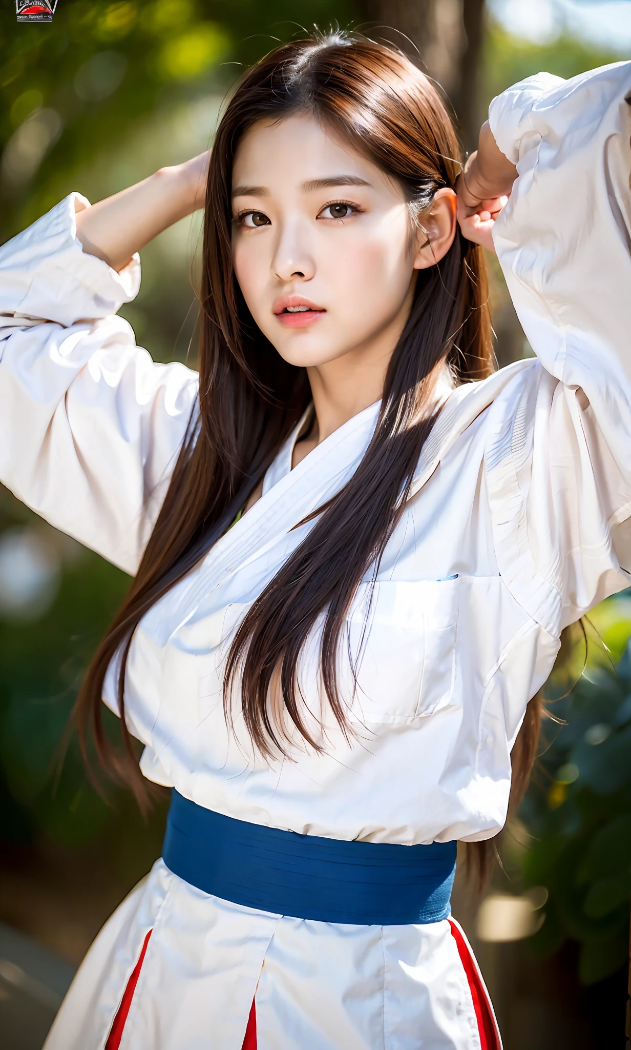 ulzzang-6500-v1.1, (raw photo:1.2), (photorealistic:1.4), beautiful detailed girl, very detailed eyes and face, beautiful detailed eyes, ridiculous, incredibly ridiculous, huge file size, super detailed, high resolution, very detailed, best quality, masterpiece, kemomimi, ((Japanese girls' karate costumes)), illustration, very detailed, CG, unified, 8k wallpaper, amazing, Fine details, masterpiece, best quality, very detailed CG uniform 8k wallpaper, light on face, cinematic lighting, 1girl, 16 years old, ((dynamic pose)), kungfu pose