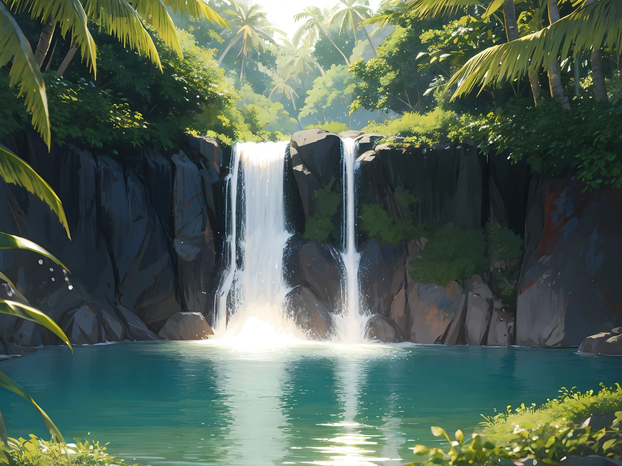 A majestic waterfall surrounded by lush tropical vegetation. The crystal clear water falls from a great height in the middle of a dense forest rich in colors. The sunlight filtered through the treetops creates a magical effect, highlighting water droplets suspended in the air.