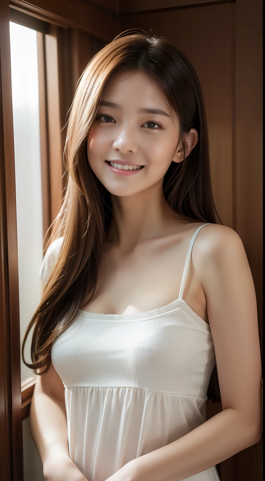 ((top-quality、8K、​masterpiece:1.3))、1girl in、A smile、The upper part of the body、Slim Faces、Pretty women、(dark brown  hair)、Wearing a white cutter shirt、camisole:1.4、Panties for the lower body、hyperdetailed face、A detailed eye、二重まぶた、Bedroom in the room、natta、indirect lighting