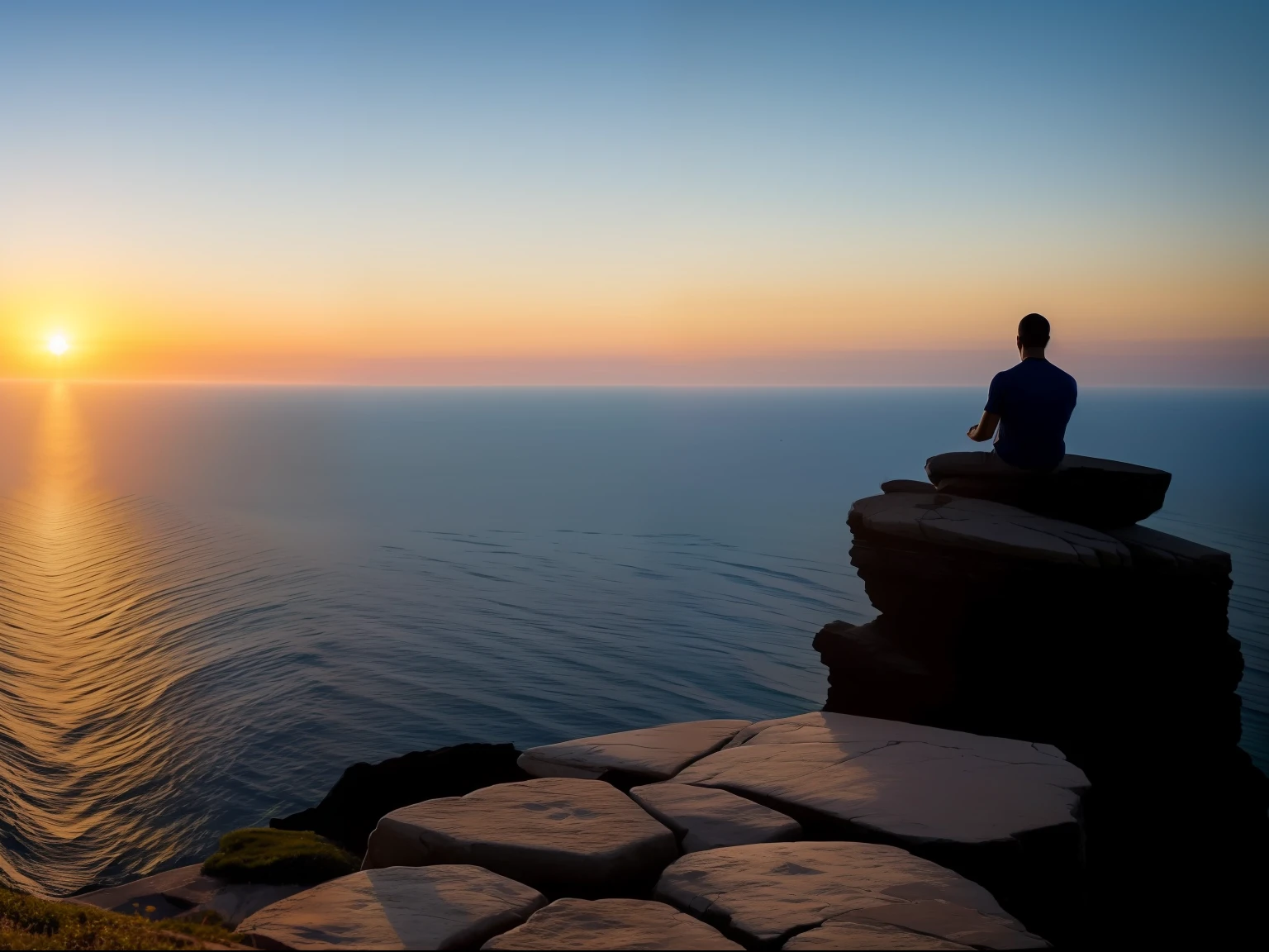 A man meditating in a reflective pose, on top of a cliff by the sea, where it is possible to see the horizon and the sunset. The image should evoke a sense of inner peace, clarity, and harmony. The image should represent the concept of personal growth and emotional balance. 1280x720 pixels.