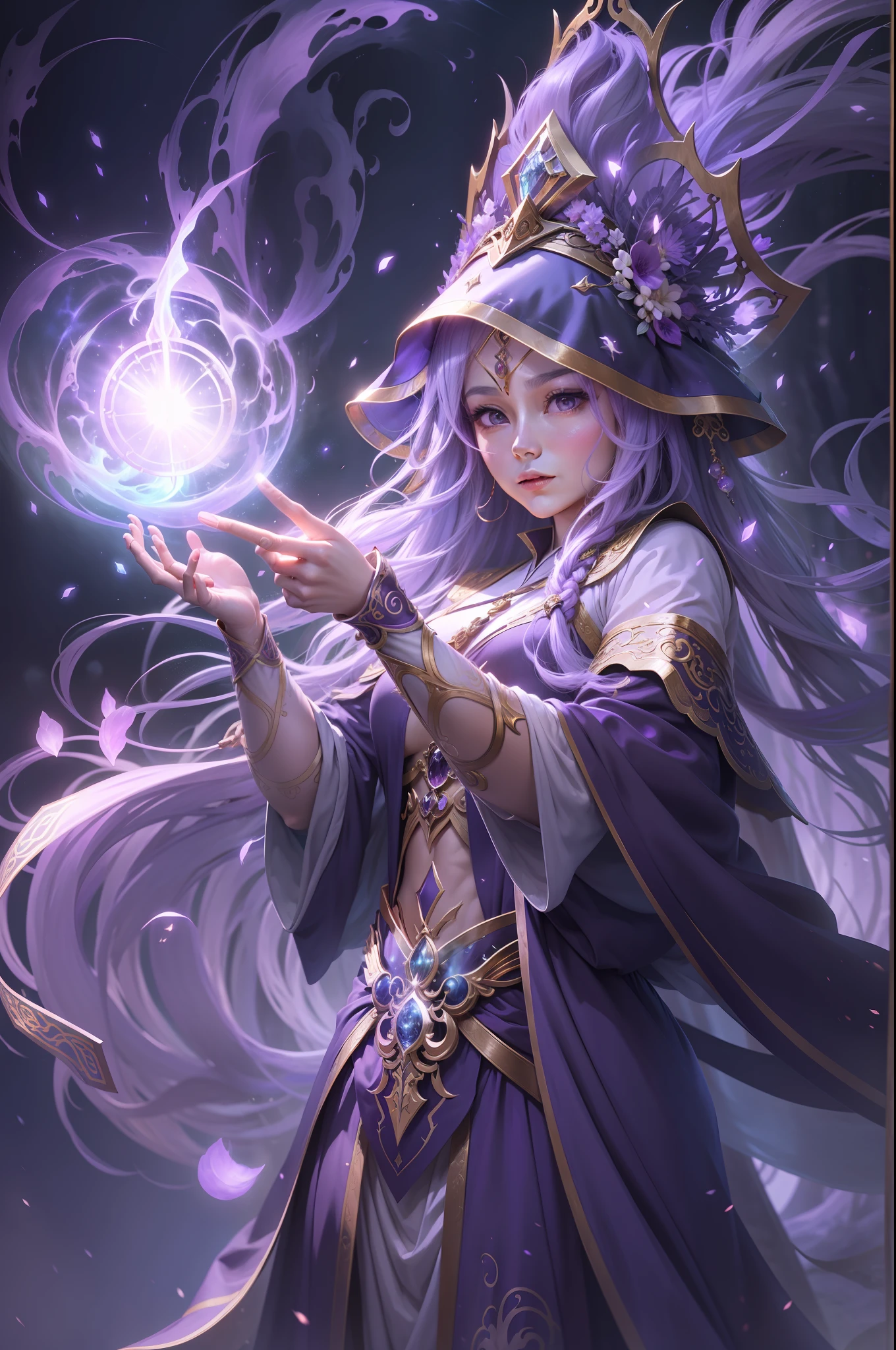 magestic, Mysterious magical powers, Magical scene, A staff that shines with light, purple robes, Unique headdress, Stunning spell effects。