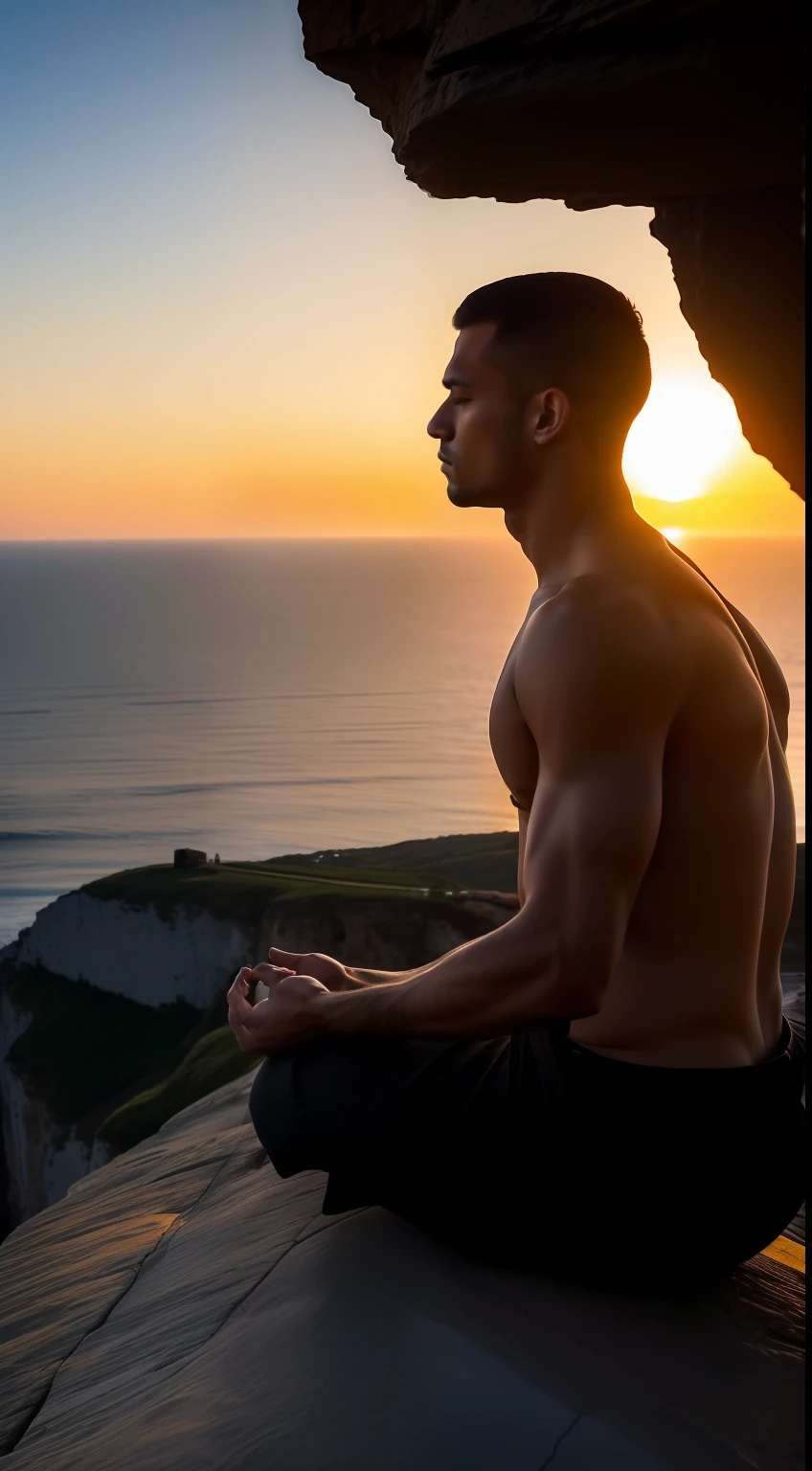 A man meditating in a reflective pose, on top of a cliff by the sea, where it is possible to see the horizon and the sunset. The image should evoke a sense of inner peace, clarity, and harmony. The image should represent the concept of personal growth and emotional balance. 1280x720 pixels.