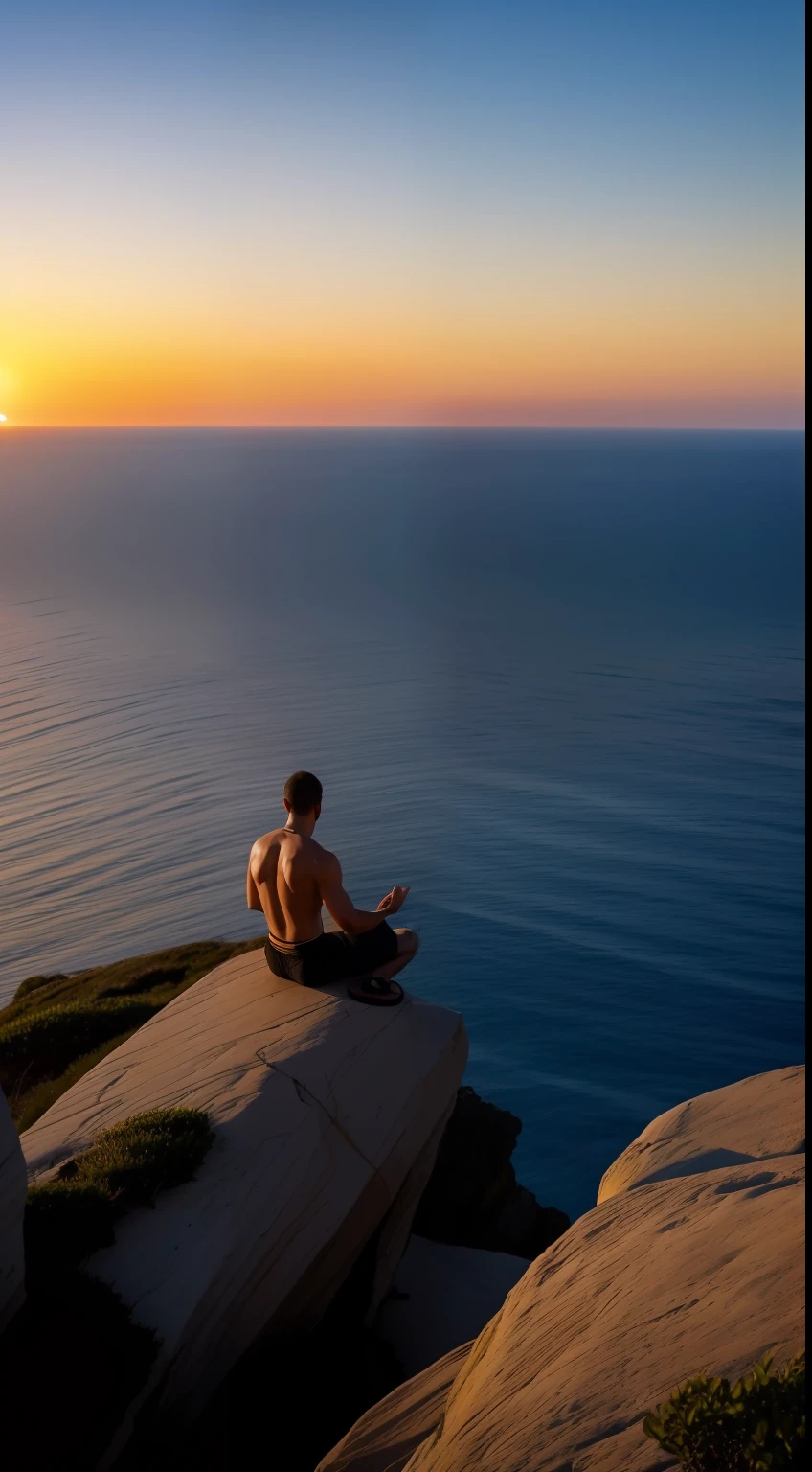 A man meditating in a reflective pose, on top of a cliff by the sea, where it is possible to see the horizon and the sunset. The image should evoke a sense of inner peace, clarity, and harmony. The image should represent the concept of personal growth and emotional balance. 1280x720 pixels.