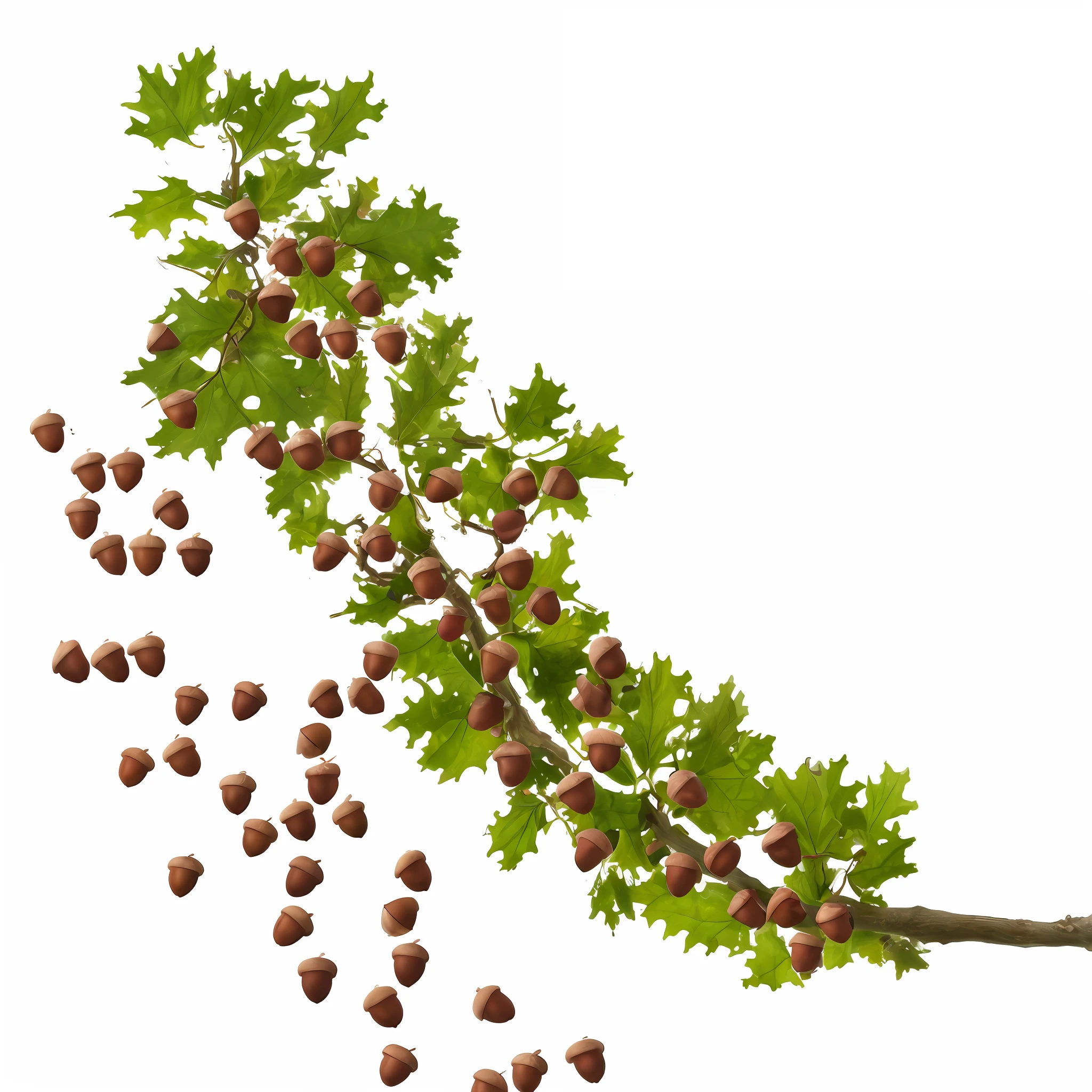 oak leaves and acorns hanging from an oak branch by stems. photorealistic, ,rich colors ,hyper realistic ,lifelike texture, dramatic lighting ,