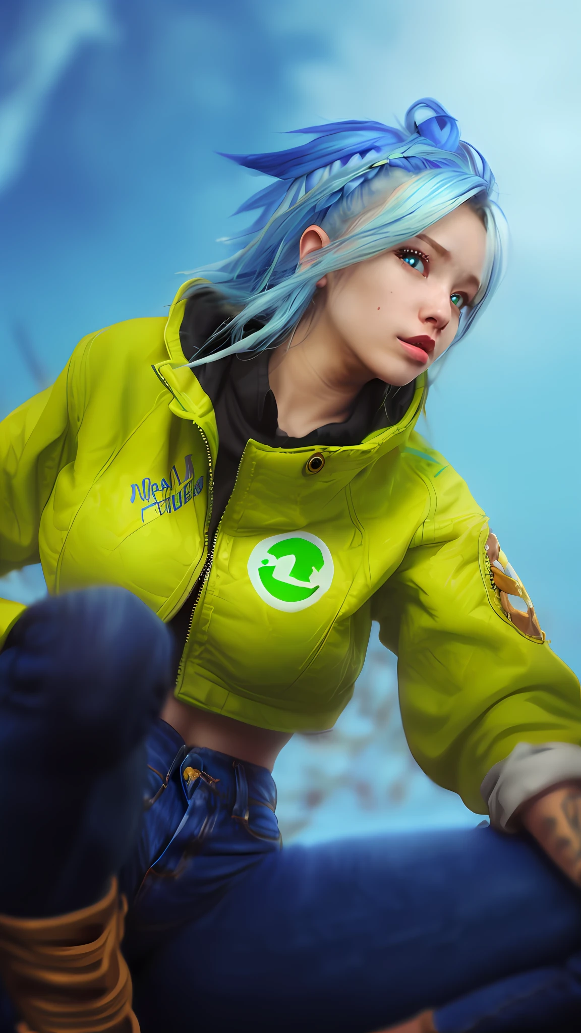((Best Quality, 4K, Masterpiece: 1.3)), (Detailed: 1.4), Reality, 1girl, a close up of a woman with blue hair and a green jacket, squat pose, female lucio, lucio as a woman, katana zero video game character, rogue anime girl, lucio from overwatch, epic digital art illustration, Big Breast, Huge Breast, Nice Thigh, A woman with blue and white hair, denim pants, streetpunk, street punk style, A woman with piercings on the bottom mouth, with calf pants, 4K, HD, Ultra Realistic, extremely detailed,
