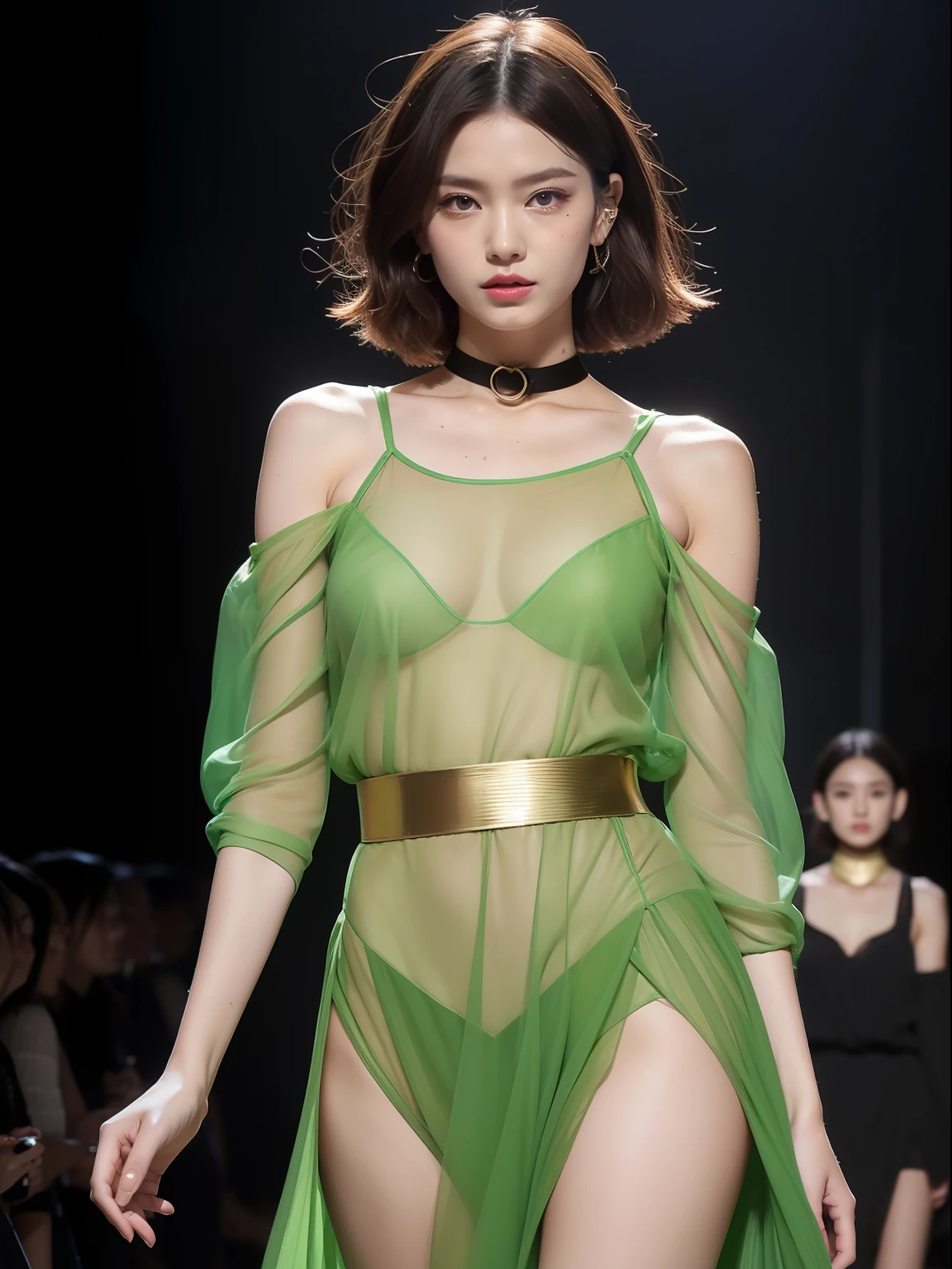 (Best quality, 8k, 32k, Masterpiece, UHD:1.2),Photo of Pretty Japanese woman, 1girl, (medium-short dark brown hair), double eyelid, fashion model, beautiful legs, contemporary cut,unique maxi very wet light green dress with slit, off-shoulder, gold belt, choker, stand tall, runway, huge stage, Paris Collection, nsfw, full body, see through,,see-through_blouses,breast_pasty