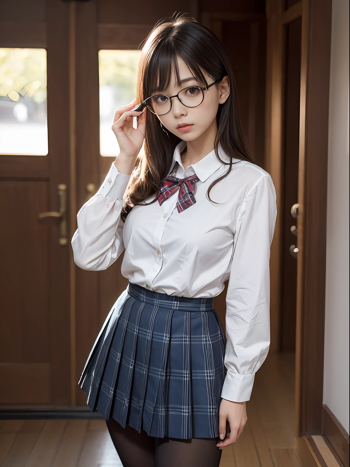 （8K、Raw photography、top-quality、​masterpiece：1.2),de pele branca,Black pantyhose,absurderes,a small face,small tits,flat breast,Parting the bangs from the middle、Forehead visible,(Tight eyes,Bullish,skinny,Rasping,irate)、​masterpiece,top-quality、超A high resolution,Raw photo,ren,Beautiful fece,One Person, 独奏,eye glass,,Dark look,Small breasts,fullllbody,Round glasses、cute little、A Japanese Lady,is standing,(Tight eyes,Bullish,skinny,Rasping,irate,small tits,flat breast)、（Photorealsitic：1.37）、Photon mapping,Light blue ribbon,Realistic、Cute little face,Brown-eyed、Black socks、(Red bow tie)、Radio City、Physically Based Rendering、Foreground、depth of fields、Blurry background、a picture,The girls、Body, Long legs, Thin leg,poneyTail,(Bangs are visible), hair, s lips, Blue_The eye, nosesoft,White shirt, Navy blue and white plaid pleated skirt, Knees are visible,Sheer clothing,, Thigh, Black cotton socks,Nogizaka Idol, 女優, Japanese ido