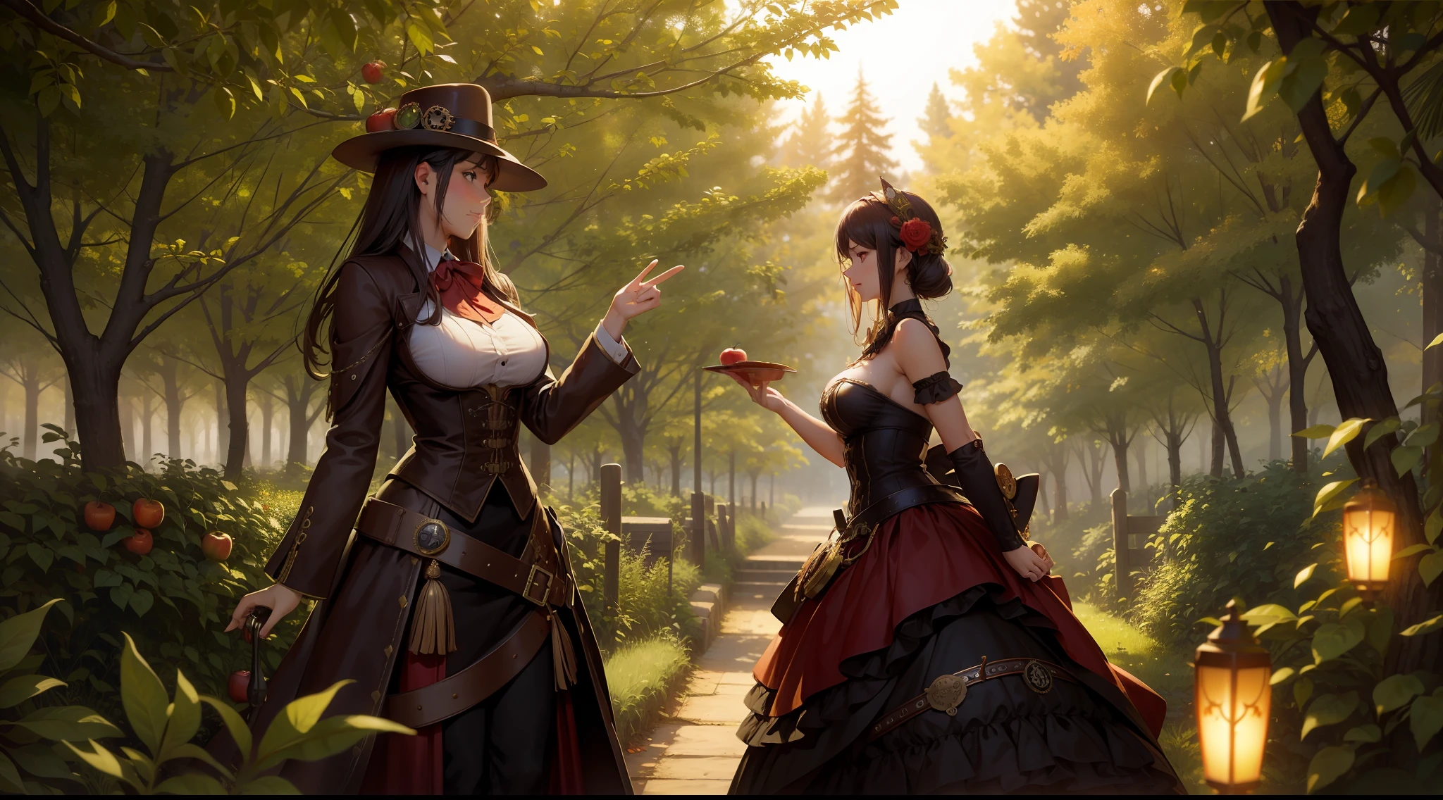 steampunk art, Apple orchard, A huge red apple in a coniferous forest, bokeh, glare, radiance, Fantasy elements, fairycore, High Resolution, image, Lovely