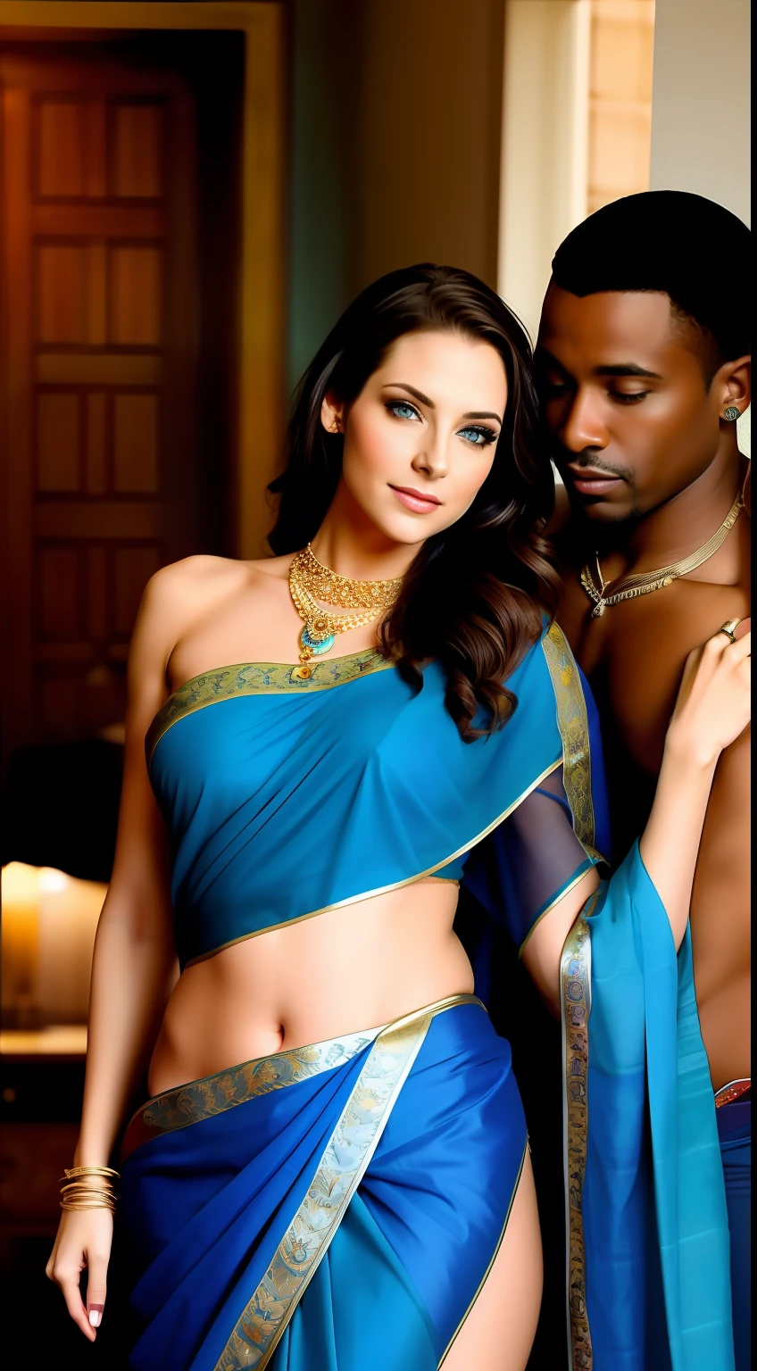 "Porn American actress  Kristen Scott gracefully adorned in a stunning blue Indian saree without bra showing   breast, accompanied by a dashing African-American man . Both are posing in camera. Camera focused on them. Full body visible in photo