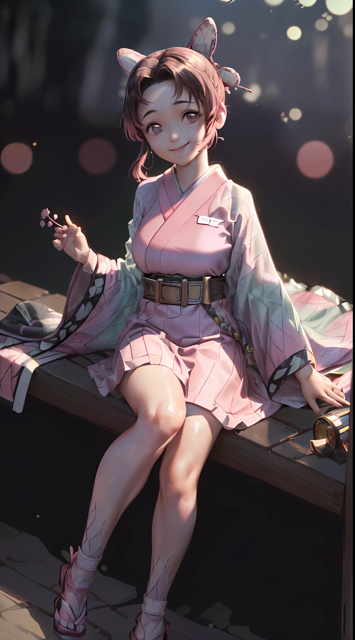 Masterpiece, Best Quality, High Resolution, Venus1, 1Girl, Solo, Kamato Nezuko, Bamboo, Brown Hair, (((((Pink Ribbon)) Checkered Belt, No Gag, NO Gag, Gradient Hair, Haori, Japanese Clothing, Kimono, Long Hair, Looking Forward at Sunset Smiling, Pink Eyes, Pink Kimono, Pink Ribbon, Solo, Full Body, Front, Bokeh Background (85mm Lens), Front Camera, Resolution 1366 x 768