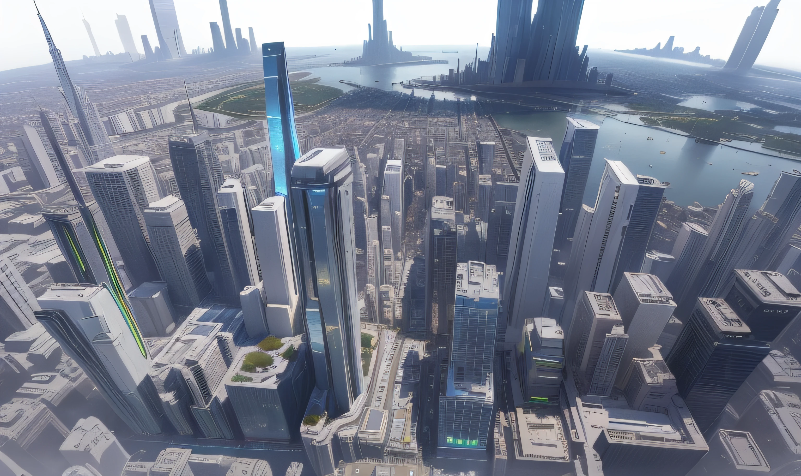 NASA style,Mecha white,HALO 5 game city style,HALO 5 building surface science fiction segmentation,Cidade futuristica,Skyscrapers and green rooftops in a foggy sky,There are also quite a few buildings with green roofs, futuristic dystopian city, aerial view of a cyberpunk city, in fantasy sci - fi city, hyper-futuristic city, sci fi city, vista of futuristic city, sci fi city, otherwordly futuristic city, 4 K resolution concept art, ancient sci - fi city, 4K concept art,massive city,Dense complex of buildings,The large building is surrounded by many building complexes,The complex is large and small,The building color is mainly white,The building has more white area,The architectural shape is HALO 5 style,The shape of the building is concise and summarized,The city is surrounded by rivers,The river has the reflection of the city,The buildings in the middle view are dense and huge,The buildings of the vista are denser and more crowded
