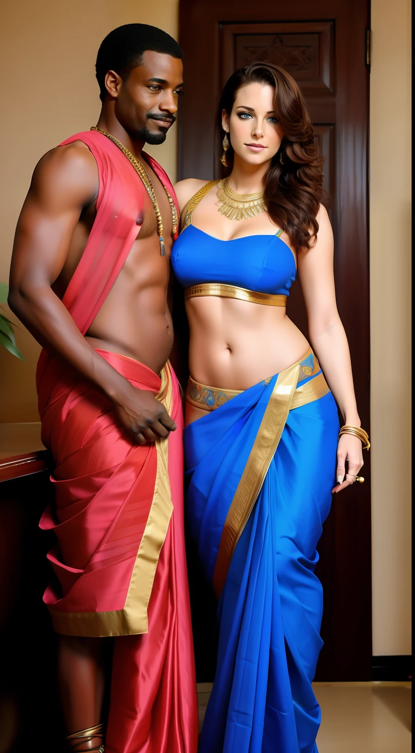 "Porn American actress  Kristen Scott gracefully adorned in a stunning blue Indian saree without bra showing   breast, accompanied by a dashing African-American man . Both are posing in camera. Camera focused on them. Full body visible in photo