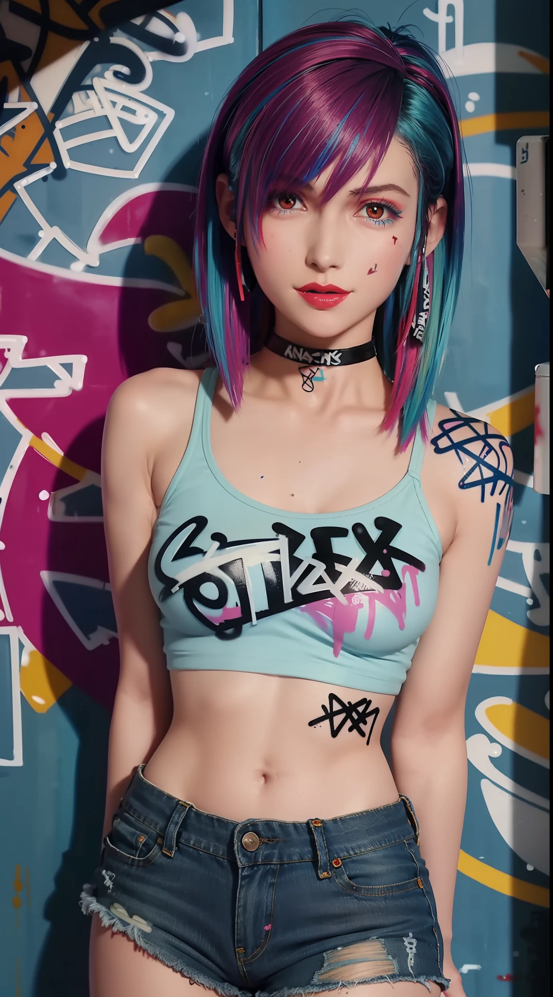 masterpiece, best quality, 1girl, solo, crop top, denim shorts, choker, (graffiti:1.5), paint splatter, arms behind back, against wall, looking at viewer, armband, thigh strap, paint on body, head tilt, bored, multicolored hair, aqua eyes, headset,