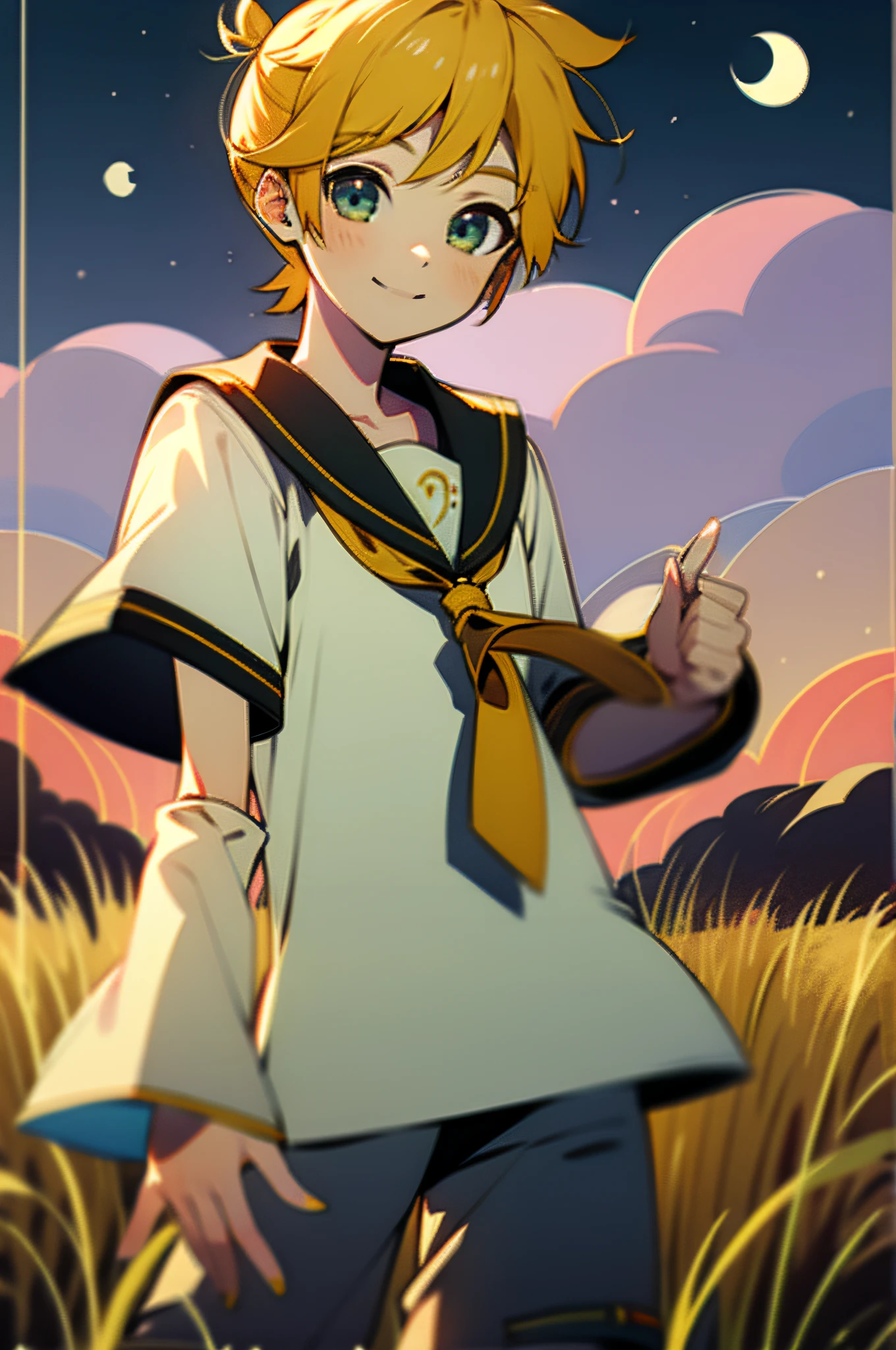 masterpiece, best quality, 1boy, sailor_collar, Kagamine_Len, yellow hair, (8k:0.7), (detailed Background of a meadow:0.7), (dusk:0.6), moon, smile, short pants and sleeve