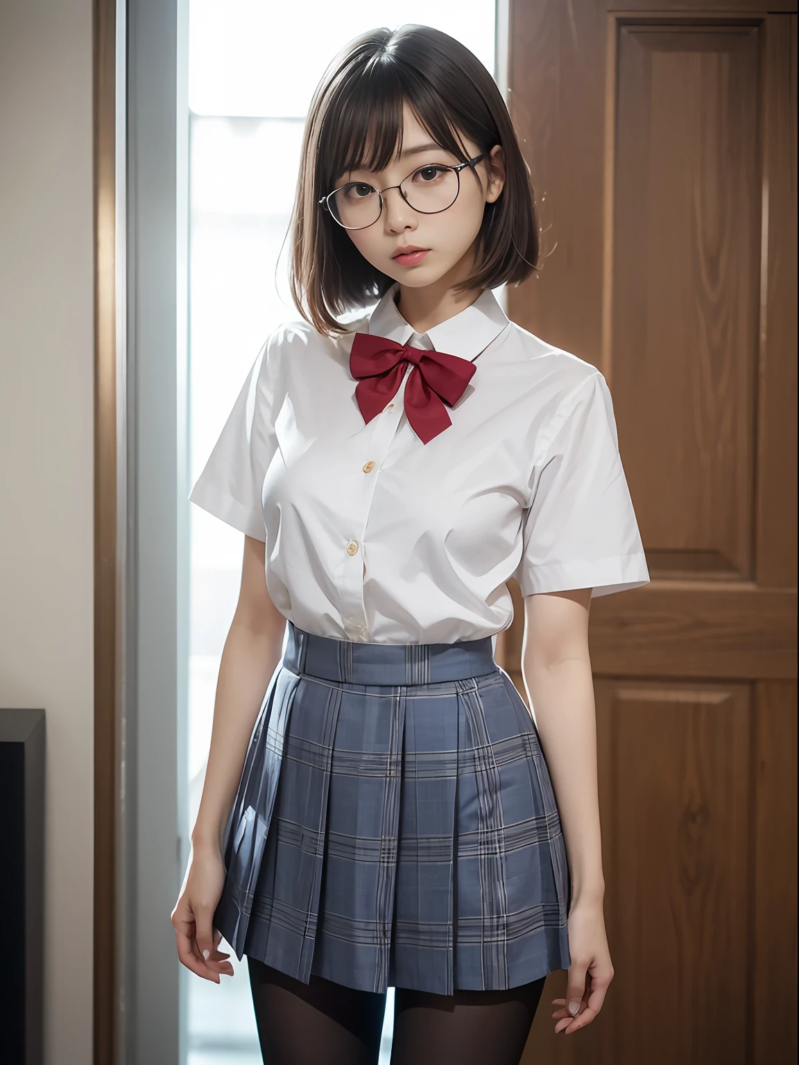 (8K、Raw photography、top-quality、masterpiece:1.2),de pele branca,Black pantyhose,absurderes,a small face,small tits,flat breast,Parting the bangs from the middle、Forehead visible,(Tight eyes,Bullish,skinny,Rasping,irate)、masterpiece,top-quality、超A high resolution,Raw photo,ren,Beautiful fece,One Person, 独奏,eye glass,,Dark look,Small breasts,fullllbody,Round glasses、cute little、A Japanese Lady,is standing,(Tight eyes,Bullish,skinny,Rasping,irate,small tits,flat breast)、(Photorealsitic:1.37)、Photon mapping,Light blue ribbon,Realistic、Cute little face,Brown-eyed、Black socks、(Red bow tie)、Radio City、Physically Based Rendering、Foreground、depth of fields、Blurry background、a picture,The girls、Body, Long legs, Thin leg,poneyTail,(Bangs are visible), hair, s lips, Blue_The eye, nosesoft,White shirt, Navy blue and white plaid pleated skirt, Knees are visible,Sheer clothing,, Thigh, Black cotton socks,Nogizaka Idol, 女優, Japanese ido
