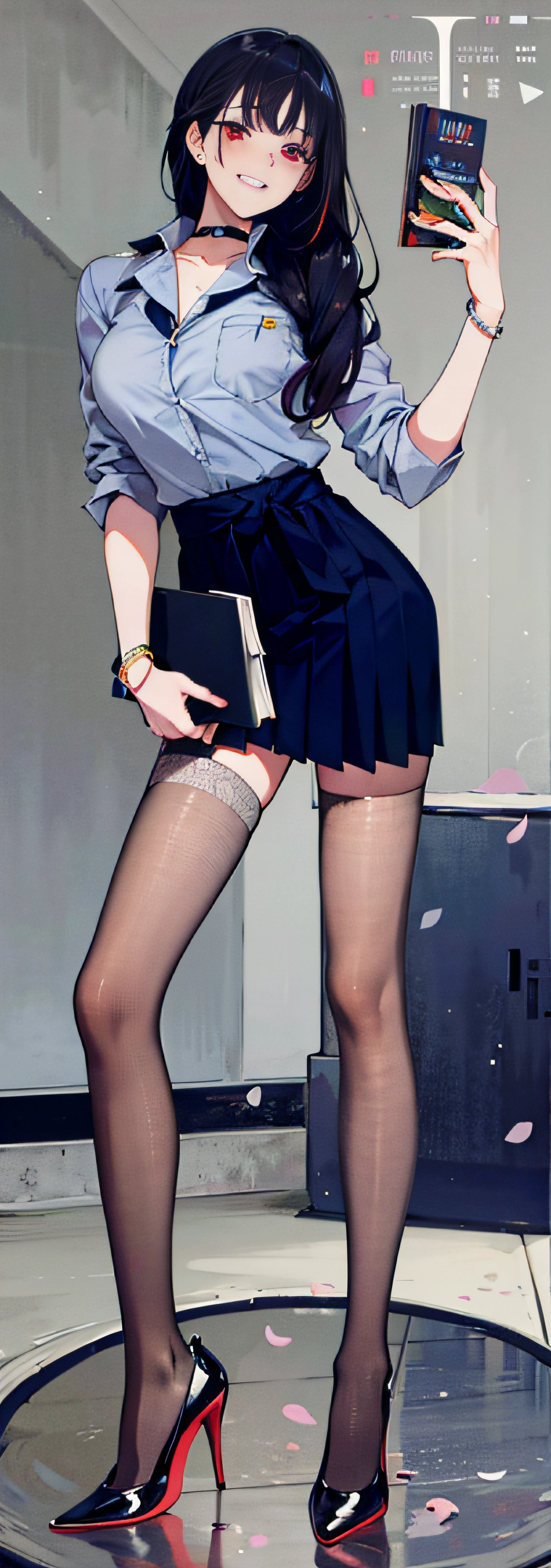 masterpiece, best quality, full body, 1girl, bangs, black choker, black necktie, blonde hair, blue skirt, blush, bracelet, breasts, choker, clothes around waist, collarbone, collared shirt, cowboy shot, dress shirt, ear piercing, eyebrows visible through hair, gradient hair, grin, gyaru, jewelry, kogal, long hair, looking at viewer, loose necktie, necktie, piercing, plaid, plaid skirt, pleated skirt, red eyes, ring, school uniform, shirt, skirt, smile, solo, white shirt, street, sky, cherry blossoms, petals,illustration, (magazine:1.3), (cover-style:1.3), fashionable, woman, vibrant, outfit, posing, front, colorful, dynamic, background, elements, confident, expression, holding, statement, accessory, majestic, coiled, around, touch, scene, text, cover, bold, attention-grabbing, title, stylish, font, catchy, headline, larger, striking, modern, trendy, focus, fashion,