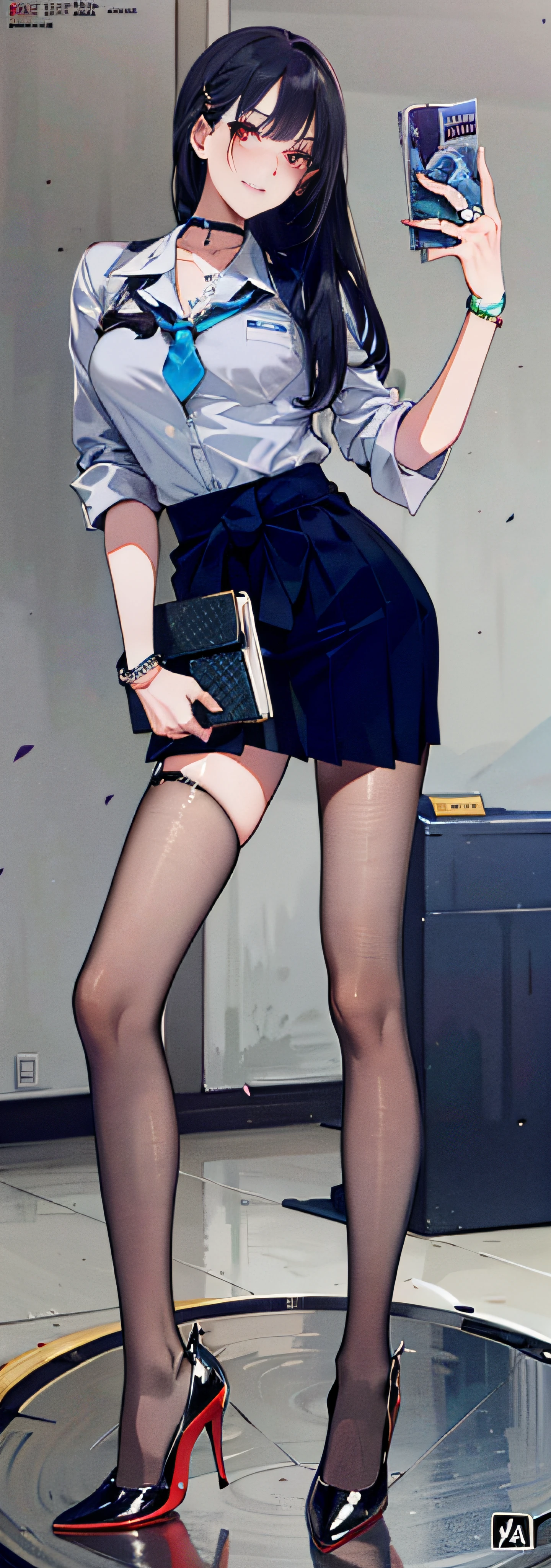 masterpiece, best quality, full body, 1girl, bangs, black choker, black necktie, blonde hair, blue skirt, blush, bracelet, breasts, choker, clothes around waist, collarbone, collared shirt, cowboy shot, dress shirt, ear piercing, eyebrows visible through hair, gradient hair, grin, gyaru, jewelry, kogal, long hair, looking at viewer, loose necktie, necktie, piercing, plaid, plaid skirt, pleated skirt, red eyes, ring, school uniform, shirt, skirt, smile, solo, white shirt, street, sky, cherry blossoms, petals,illustration, (magazine:1.3), (cover-style:1.3), fashionable, woman, vibrant, outfit, posing, front, colorful, dynamic, background, elements, confident, expression, holding, statement, accessory, majestic, coiled, around, touch, scene, text, cover, bold, attention-grabbing, title, stylish, font, catchy, headline, larger, striking, modern, trendy, focus, fashion,