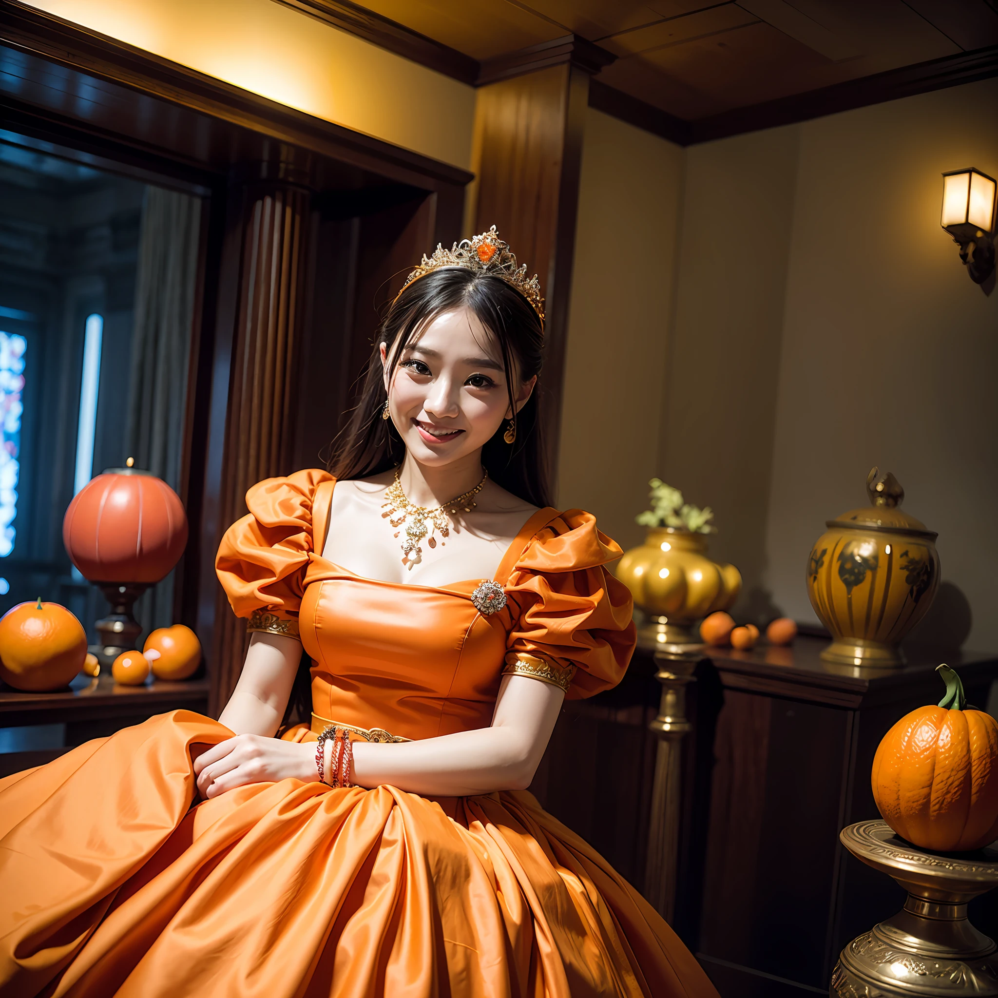 ​masterpiece、top-quality、realisitic、Photorealsitic、Orange-themed kingdom、Orange-themed castle、Princess in orange-themed dress、A Japanese Lady、Orange Accessories、Orange Jewelry、Surrounded by lots of oranges、Soldier in armor with orange motif、Bright décor、A smile、dynamic ungle、动态照明