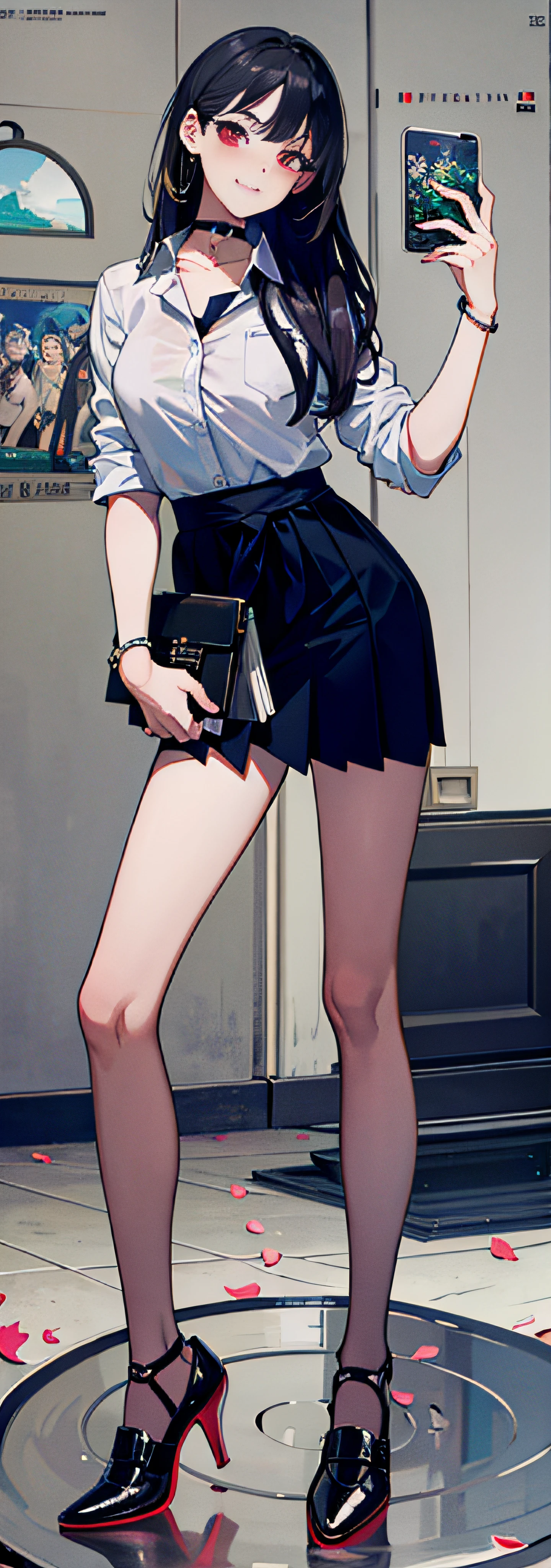 masterpiece, best quality, full body, 1girl, bangs, black choker, black necktie, blonde hair, blue skirt, blush, bracelet, breasts, choker, clothes around waist, collarbone, collared shirt, cowboy shot, dress shirt, ear piercing, eyebrows visible through hair, gradient hair, grin, gyaru, jewelry, kogal, long hair, looking at viewer, loose necktie, necktie, piercing, plaid, plaid skirt, pleated skirt, red eyes, ring, school uniform, shirt, skirt, smile, solo, white shirt, street, sky, cherry blossoms, petals,illustration, (magazine:1.3), (cover-style:1.3), fashionable, woman, vibrant, outfit, posing, front, colorful, dynamic, background, elements, confident, expression, holding, statement, accessory, majestic, coiled, around, touch, scene, text, cover, bold, attention-grabbing, title, stylish, font, catchy, headline, larger, striking, modern, trendy, focus, fashion,