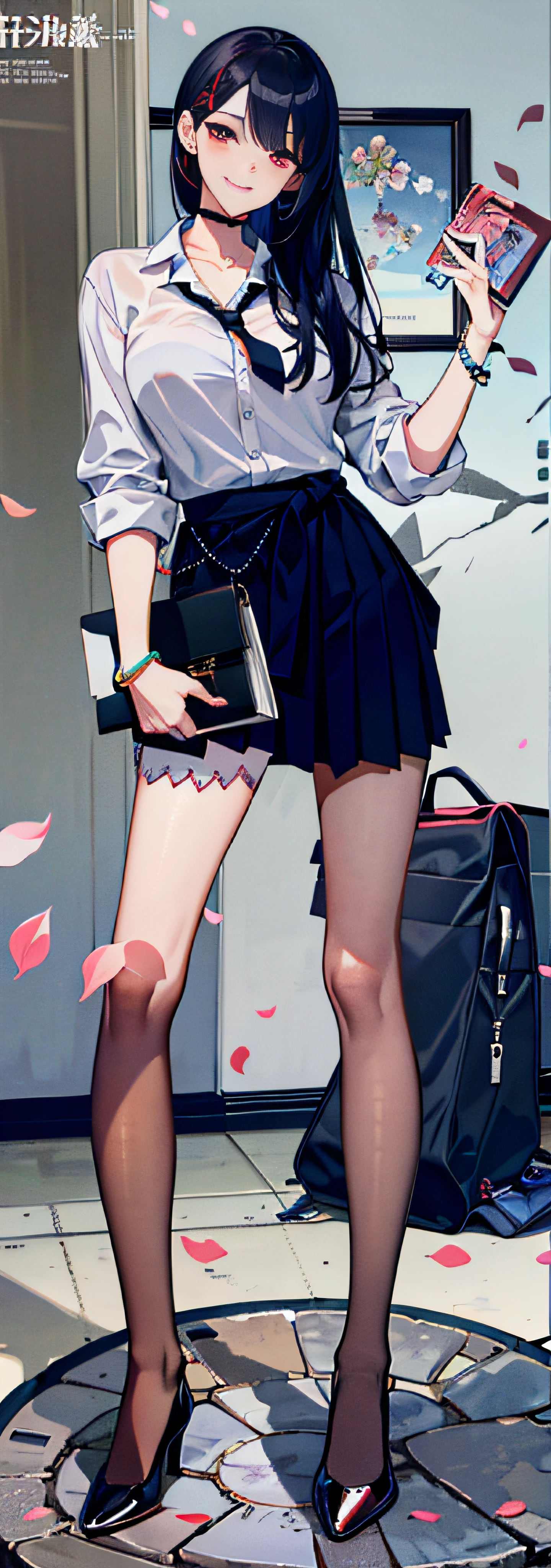 masterpiece, best quality, full body, 1girl, bangs, black choker, black necktie, blonde hair, blue skirt, blush, bracelet, breasts, choker, clothes around waist, collarbone, collared shirt, cowboy shot, dress shirt, ear piercing, eyebrows visible through hair, gradient hair, grin, gyaru, jewelry, kogal, long hair, looking at viewer, loose necktie, necktie, piercing, plaid, plaid skirt, pleated skirt, red eyes, ring, school uniform, shirt, skirt, smile, solo, white shirt, street, sky, cherry blossoms, petals,illustration, (magazine:1.3), (cover-style:1.3), fashionable, woman, vibrant, outfit, posing, front, colorful, dynamic, background, elements, confident, expression, holding, statement, accessory, majestic, coiled, around, touch, scene, text, cover, bold, attention-grabbing, title, stylish, font, catchy, headline, larger, striking, modern, trendy, focus, fashion,