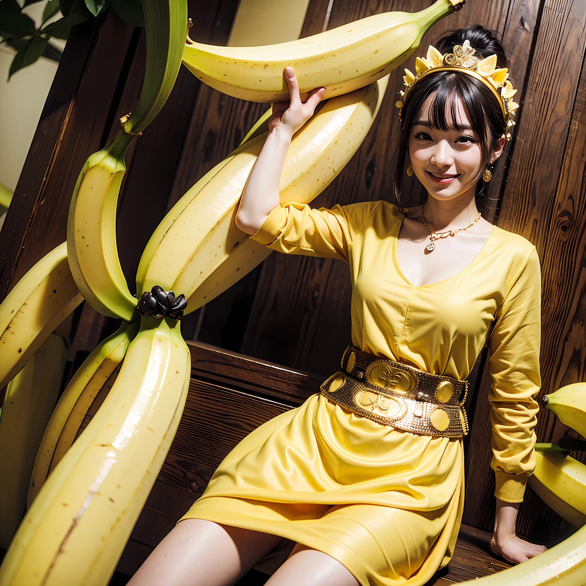 masterpiece、top-quality、realisitic、Photorealsitic、Banana-themed kingdom、Banana-themed castle、Princess in banana themed dress、A Japanese Lady、Banana Accessories、Banana Jewelry、Surrounded by lots of bananas、Soldier in armor with banana motif、Bright décor、A smile、dynamic ungle、动态照明