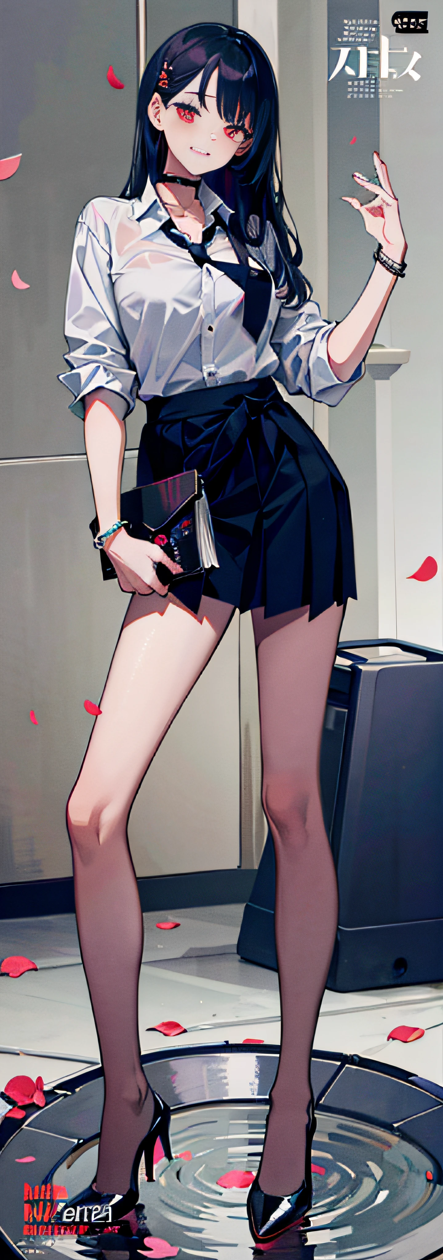 masterpiece, best quality, full body, 1girl, bangs, black choker, black necktie, blonde hair, blue skirt, blush, bracelet, breasts, choker, clothes around waist, collarbone, collared shirt, cowboy shot, dress shirt, ear piercing, eyebrows visible through hair, gradient hair, grin, gyaru, jewelry, kogal, long hair, looking at viewer, loose necktie, necktie, piercing, plaid, plaid skirt, pleated skirt, red eyes, ring, school uniform, shirt, skirt, smile, solo, white shirt, street, sky, cherry blossoms, petals,illustration, (magazine:1.3), (cover-style:1.3), fashionable, woman, vibrant, outfit, posing, front, colorful, dynamic, background, elements, confident, expression, holding, statement, accessory, majestic, coiled, around, touch, scene, text, cover, bold, attention-grabbing, title, stylish, font, catchy, headline, larger, striking, modern, trendy, focus, fashion,