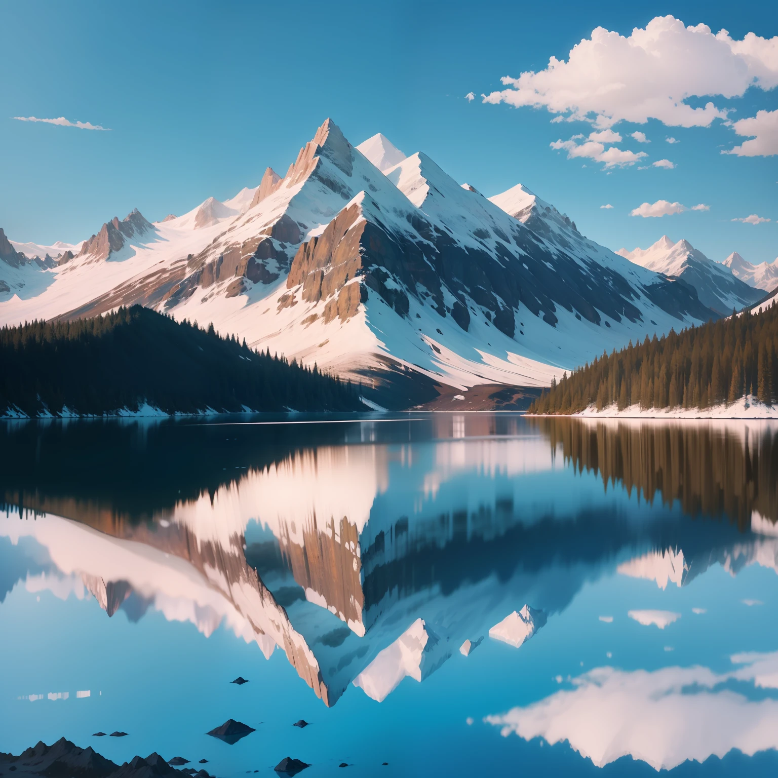 Um lago tranquilo situado no alto das montanhas, refletindo as majestosas paisagens ao seu redor. As montanhas cobertas de neve criam um contraste com a calmaria do lago, and the blue sky, com algumas nuvens suaves, completes the breathtaking scenery.