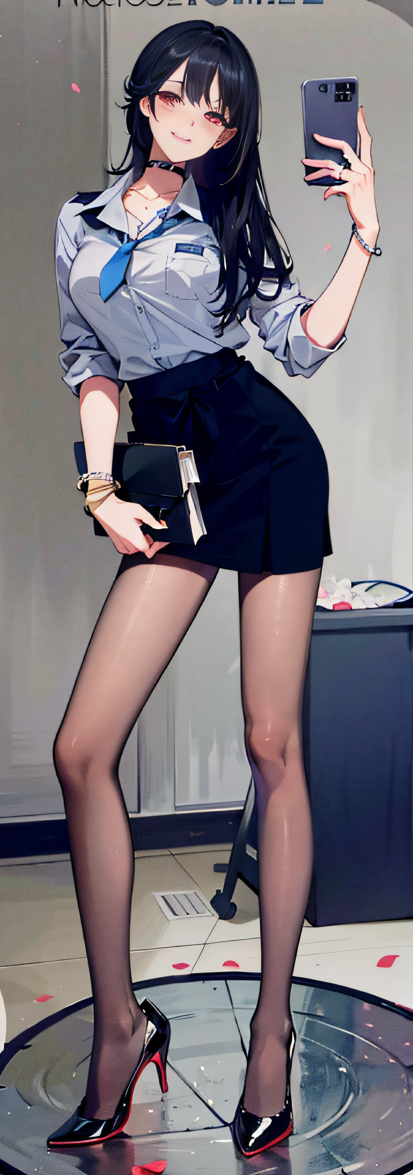 masterpiece, best quality, full body, 1girl, bangs, black choker, black necktie, blonde hair, blue skirt, blush, bracelet, breasts, choker, clothes around waist, collarbone, collared shirt, cowboy shot, dress shirt, ear piercing, eyebrows visible through hair, gradient hair, grin, gyaru, jewelry, kogal, long hair, looking at viewer, loose necktie, necktie, piercing, plaid, plaid skirt, pleated skirt, red eyes, ring, school uniform, shirt, skirt, smile, solo, white shirt, street, sky, cherry blossoms, petals,illustration, (magazine:1.3), (cover-style:1.3), fashionable, woman, vibrant, outfit, posing, front, colorful, dynamic, background, elements, confident, expression, holding, statement, accessory, majestic, coiled, around, touch, scene, text, cover, bold, attention-grabbing, title, stylish, font, catchy, headline, larger, striking, modern, trendy, focus, fashion,
