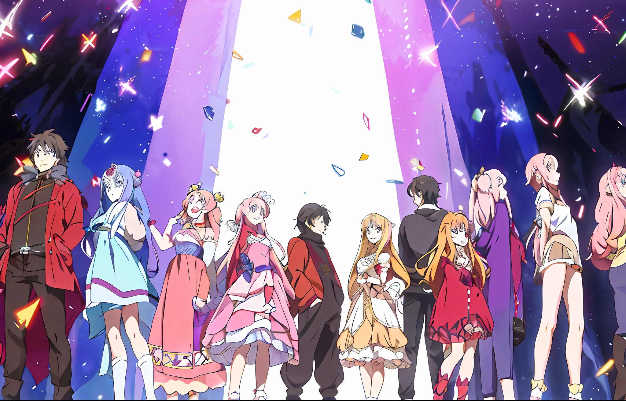 Anime characters stand in a row in front of the stage, popular isekai anime, anime key visual concept art of, still from tv anime, cel shaded anime, 2 0 2 1 anime, anime still frame, Today's featured anime stills, 2 0 1 9 anime, screenshot from the anime film, sankakucomplex anime image, anime visual style, isekai