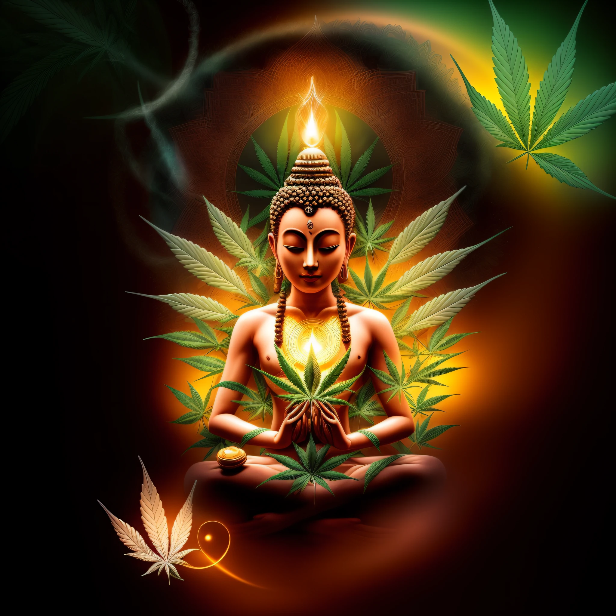 a captivating artwork that beautifully symbolizes the essence of 'Na Brisa' values, Incorporate a stunning cannabis leaf illustration, depicting Buddha and Gandhi in a meditative state. blended yin-yang symbol in the background, creatively infused with elements related to cannabis and (smoke), mesmerizing visual effects to signify purity, respect, and harmony, mystical and engaging ambiance, imparts a sense of enlightenment, accurate design, highly detailed clean, (masterpiece)