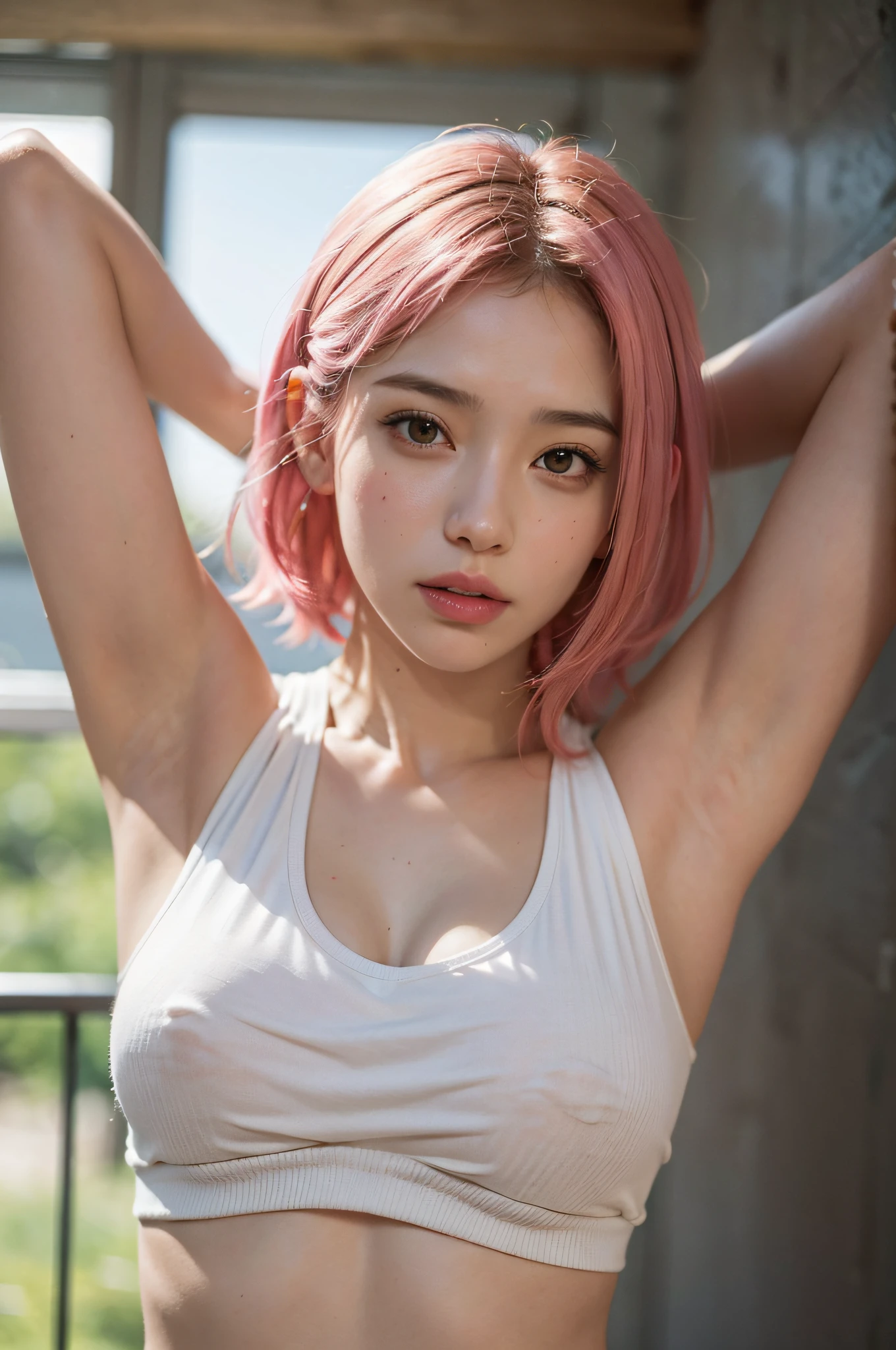 (A hyper-realistic), (illustratio), (hight resolution), (in 8K), (ighly detailed), (The best illustrations), (beatiful detailed eyes), (top-quality), (ultra-detailliert), (masterpiece), (wall-paper), (详细的脸), armpits sweat,Raising hands,Pink hair color, short-haired,up of face,Girl in white tank top, japanes, Colossal tits, (camel's toe)