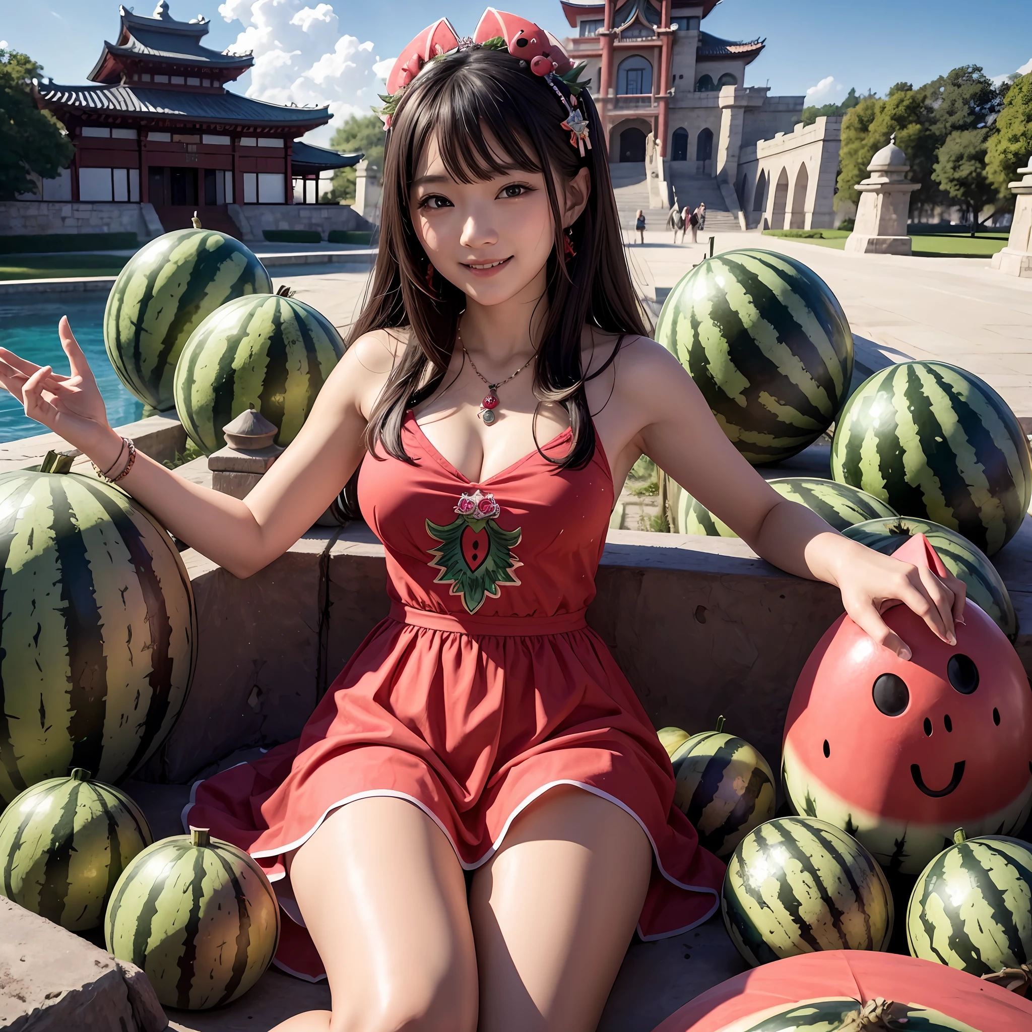 ​masterpiece、top-quality、realisitic、Photorealsitic、Watermelon-themed kingdom、Watermelon-themed castle、Princess in watermelon-themed dress、A Japanese Lady、Watermelon Accessories、Watermelon Jewelry、Surrounded by a lot of watermelons、Soldier in armor with watermelon motif、Bright décor、A smile、dynamic ungle、动态照明