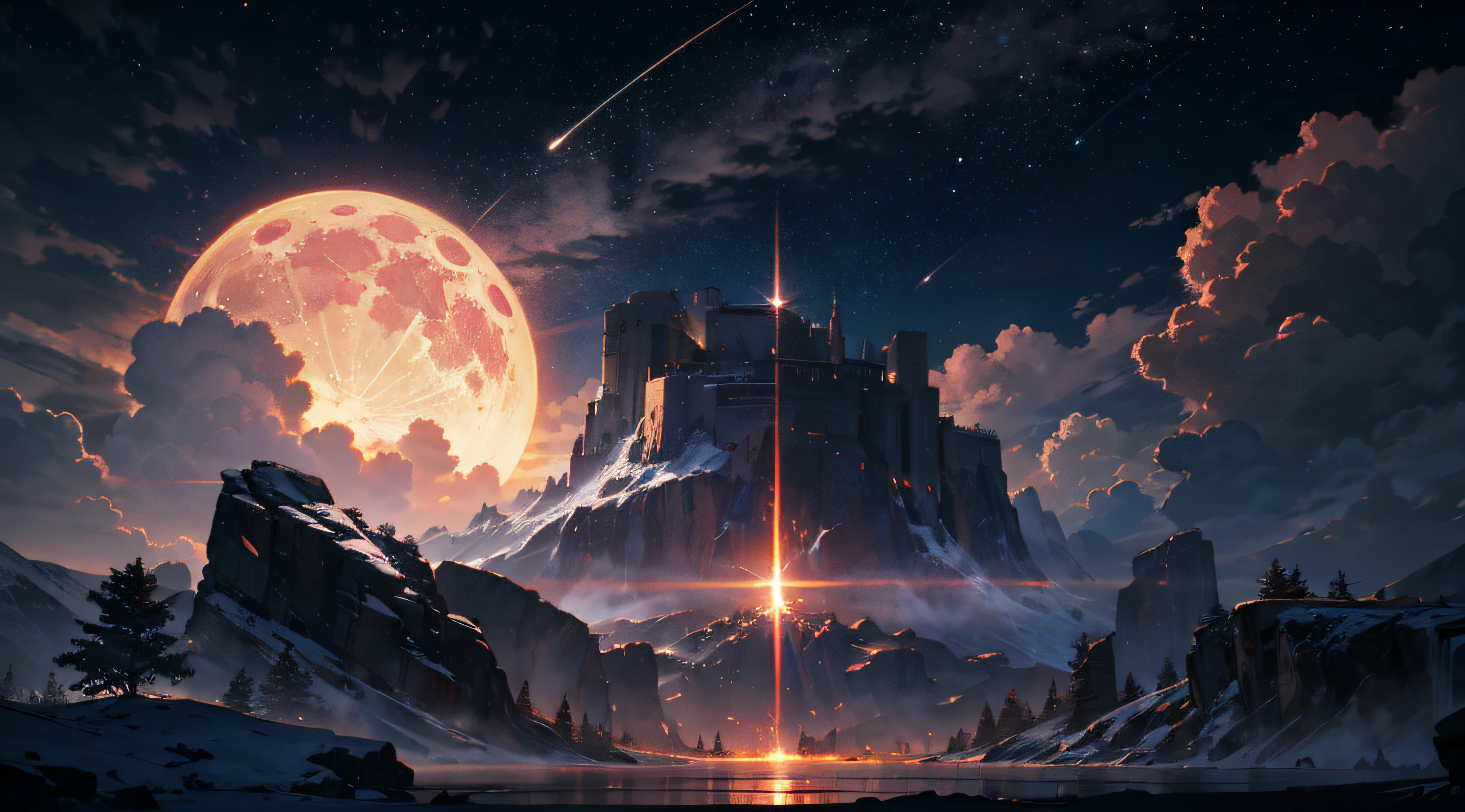 Expansive landscape photograph,(moon full:1.2),(meteors:0.9),(Starcloud:1.3),(Warm light source:1.2),(glowworm:1.2),lamp lights,Lots of purple and orange,Complicated details,Volumetriclighting,Realism BREAK(tmasterpiece:1.2),(best qualtiy),8K,Ultra-detailed,(dynamic compositions:1.4),The is very detailed,Colorful details,(Irridescent color:1.2),(luminouslighting,Atmospheric lighting),dream magical,magical,(独奏:1.2),((best qualtiy)), ((tmasterpiece)), (the detail:1.4),depth of fields,maximum definition and sharpness,perfectly proportions,Fluttering clouds,Wallpapers