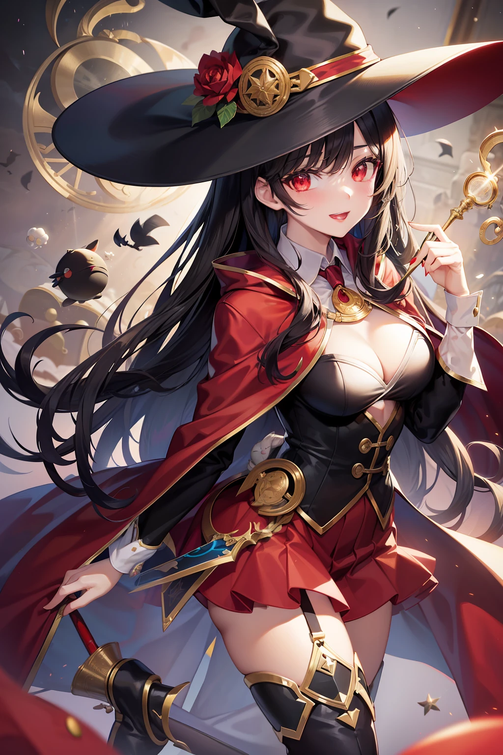 Long black hair, red eyes, magician, bunny girl, white rabbit ears, holding a magic wand, magic hat, black boots, red cape, long coat, monocle