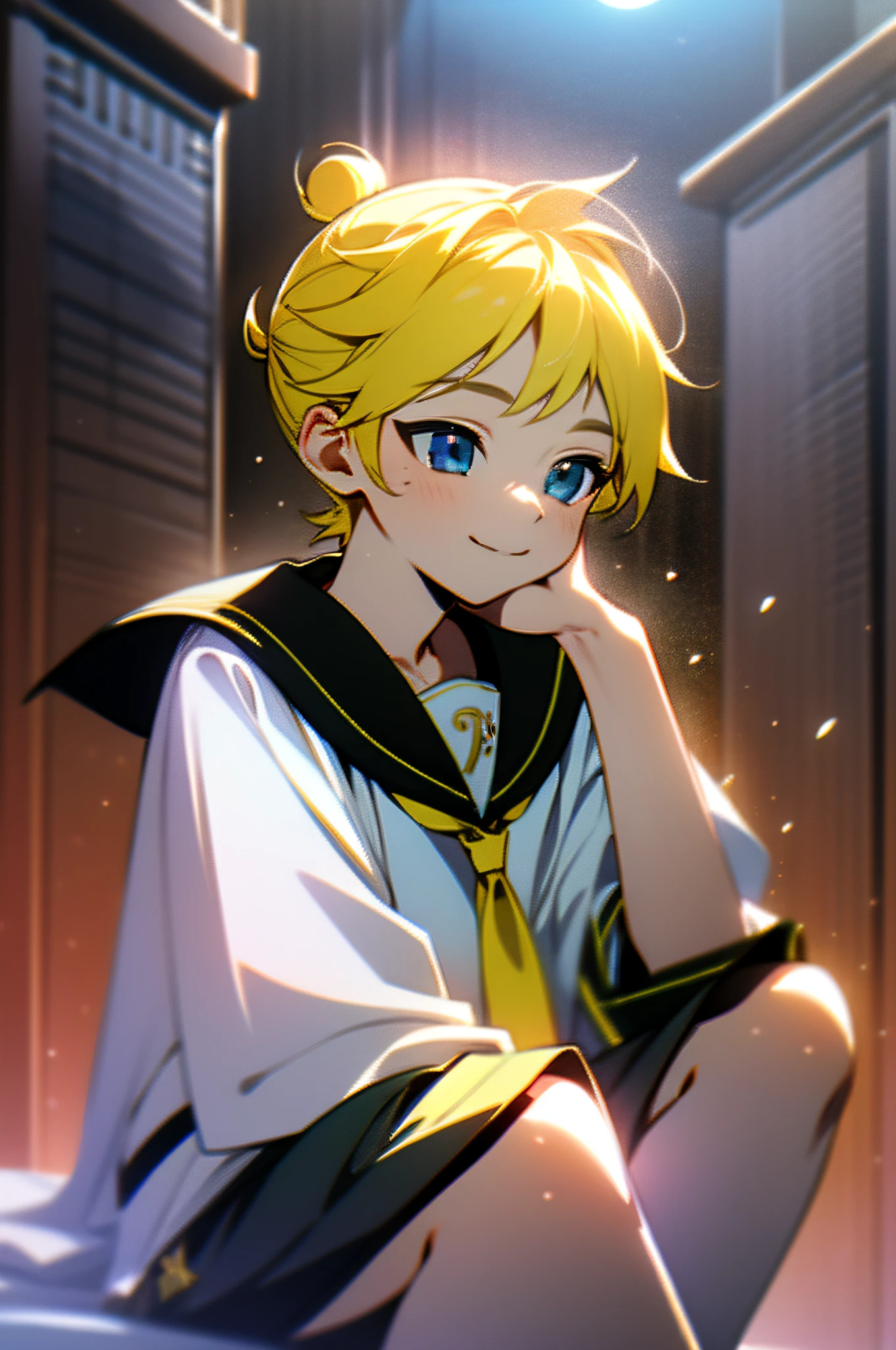 masterpiece, best quality, 1boy, sailor_collar, Kagamine_Len, yellow hair, (8k:0.7), (detailed Background of a meadow:0.7), (dusk:0.6), moon, smile, short pants and sleeve, white shirt,
(denoise), (8k uhd), (extremely fine and beautiful, best quality, ultra-detailed), (sharp focus), (soft illumination, soft volumetric lighting, soft lighting, soft shadows), (ray tracing ambient occlusion), (masterpiece, post processing), intricate, ((stunning environment):1.2),
(side lighting, particle lighting, cinematic lighting), (light and shadows),
(detailed (boy hair, boy face, cloth):1.2)