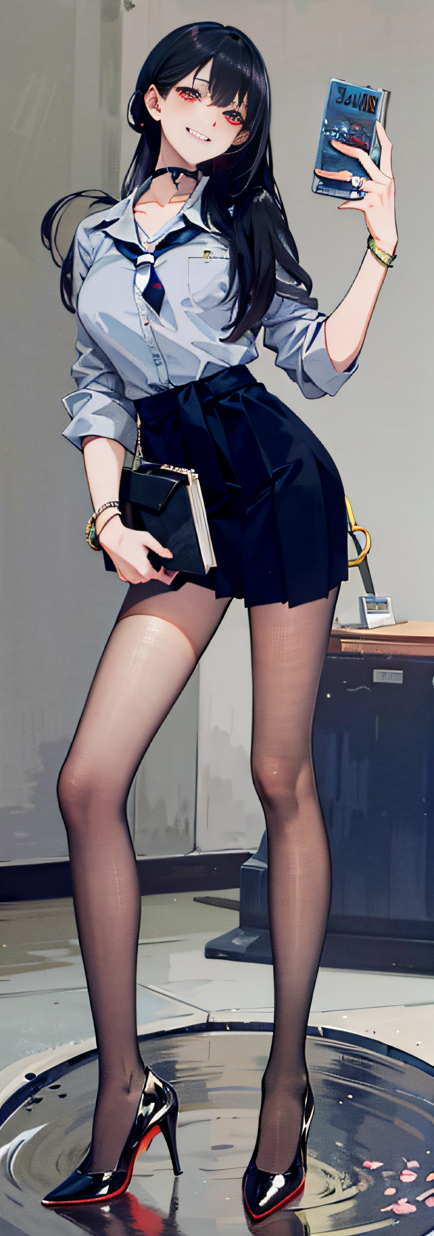 masterpiece, best quality, full body, 1girl, bangs, black choker, black necktie, blonde hair, blue skirt, blush, bracelet, breasts, choker, clothes around waist, collarbone, collared shirt, cowboy shot, dress shirt, ear piercing, eyebrows visible through hair, gradient hair, grin, gyaru, jewelry, kogal, long hair, looking at viewer, loose necktie, necktie, piercing, plaid, plaid skirt, pleated skirt, red eyes, ring, school uniform, shirt, skirt, smile, solo, white shirt, street, sky, cherry blossoms, petals,illustration, (magazine:1.3), (cover-style:1.3), fashionable, woman, vibrant, outfit, posing, front, colorful, dynamic, background, elements, confident, expression, holding, statement, accessory, majestic, coiled, around, touch, scene, text, cover, bold, attention-grabbing, title, stylish, font, catchy, headline, larger, striking, modern, trendy, focus, fashion,