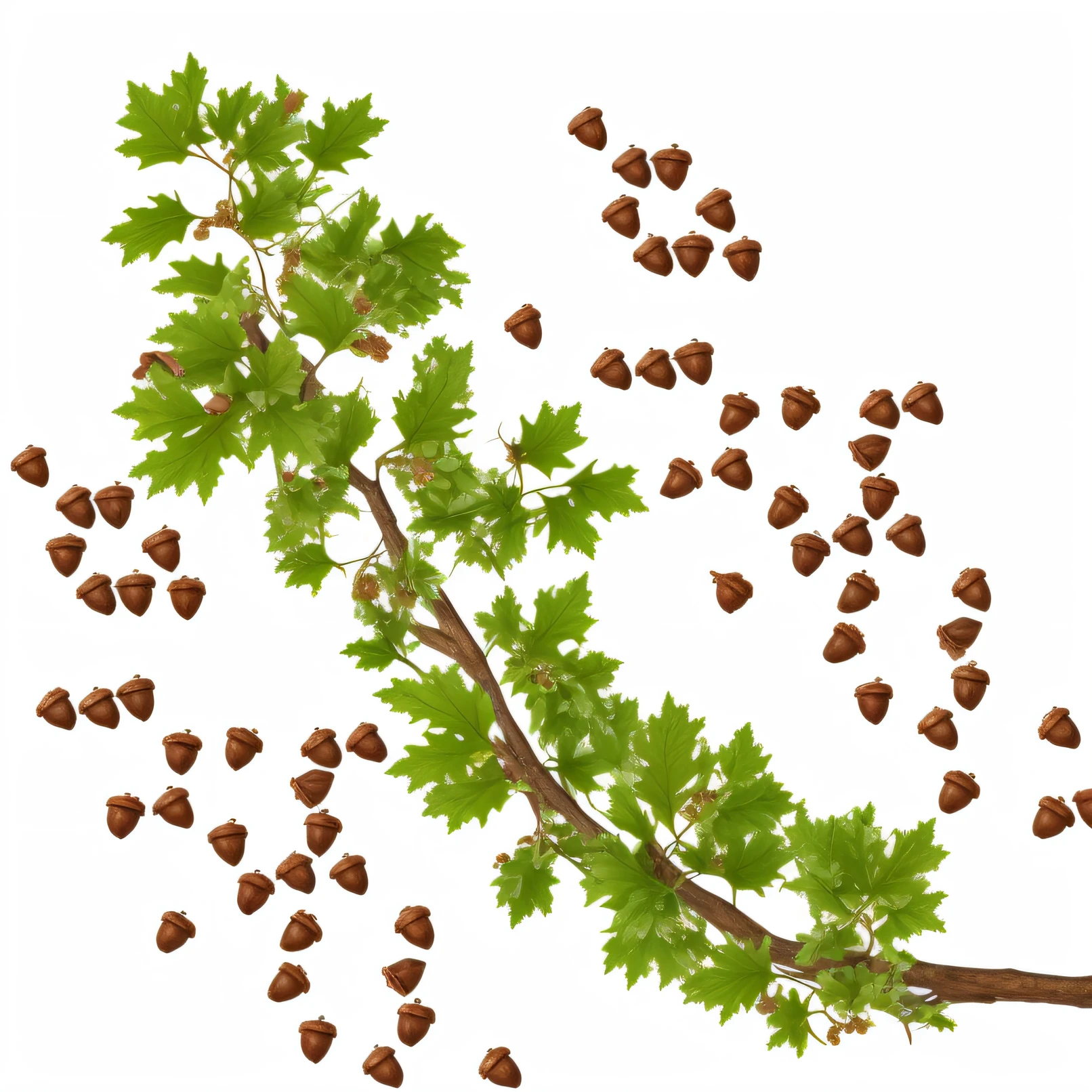 oak leaves and acorns hanging from an oak branch by stems. photorealistic, ,rich colors ,hyper realistic ,lifelike texture, dramatic lighting ,