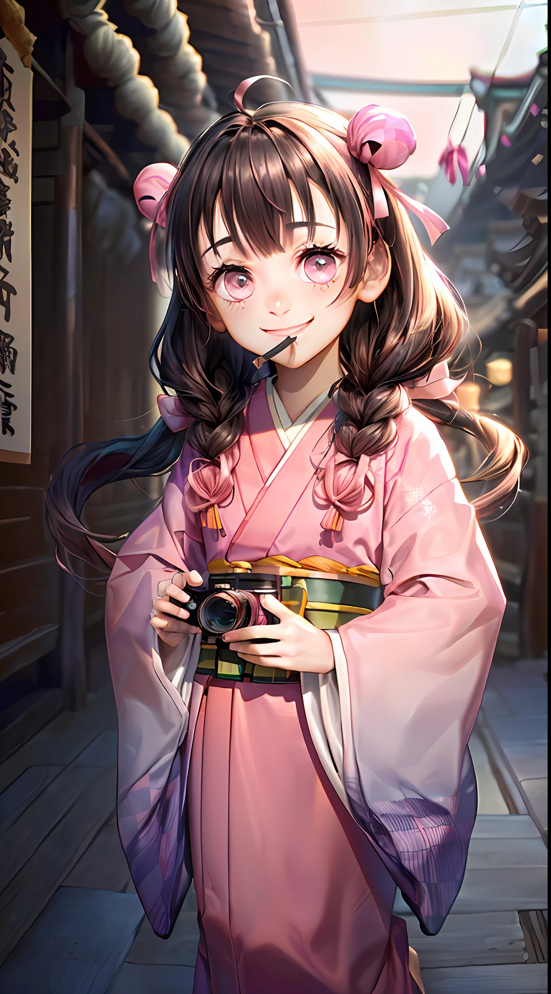 Masterpiece, Best Quality, High Resolution, Venus1, 1Girl, Solo, Kamato Nezuko, Bamboo, Brown Hair, (((((Pink Ribbon)) Checkered Belt, No Gag, NO Gag, Gradient Hair, Haori, Japanese Clothing, Kimono, Long Hair, Looking Forward at Sunset Smiling, Pink Eyes, Pink Kimono, Pink Ribbon, Solo, Full Body, Front, Bokeh Background (85mm Lens), Front Camera, Resolution 1366 x 768