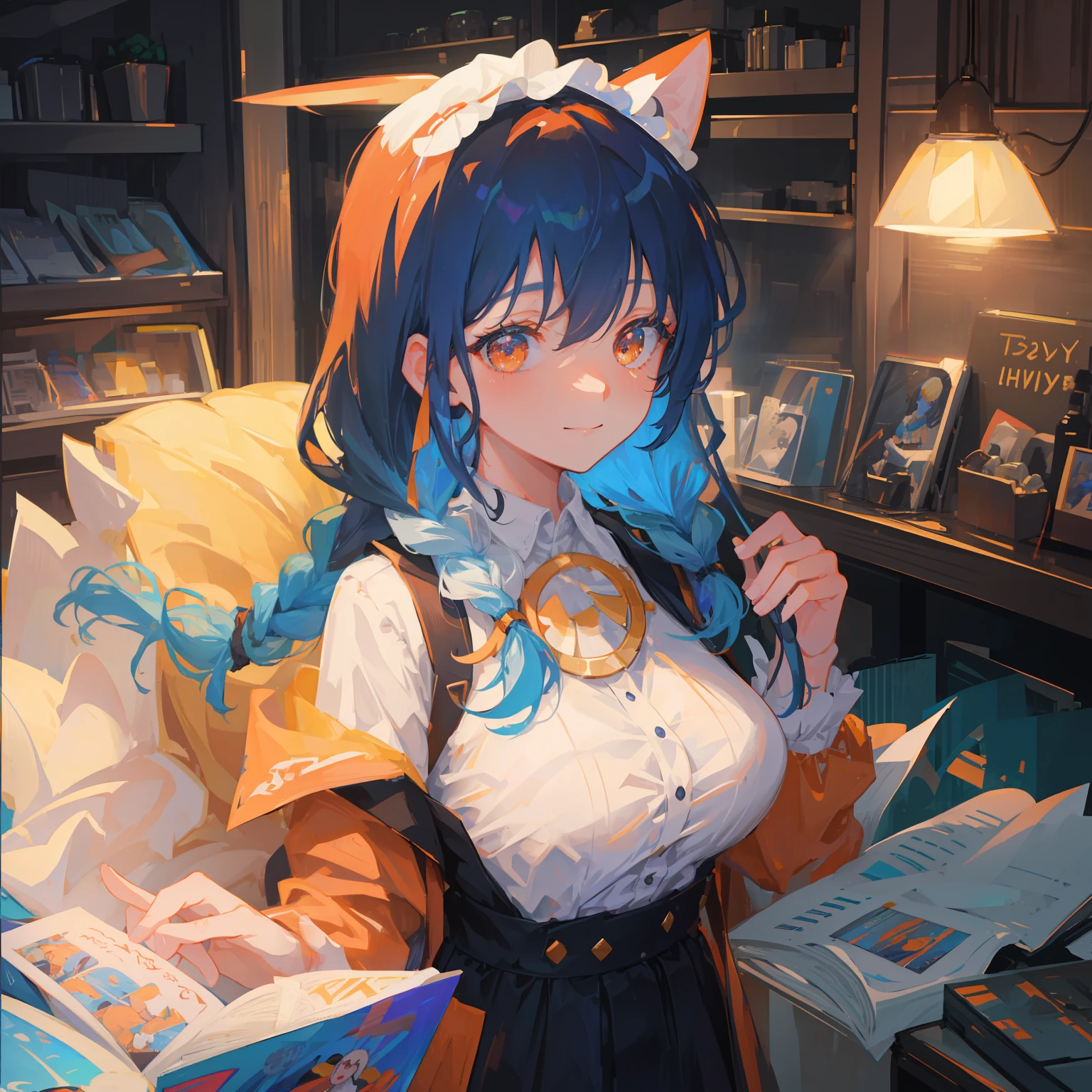 ​masterpiece,top-quality, Best Quality, the Extremely Detailed CG Unity 8K Wallpapers, Cinematic lighting, Lens Flare, Eyes in Beautiful Details, side glance, colorful light, Particle, portrait closeup,Orange eyes,独奏,girl with,Blue hair,Long,Braided hair,OL,big breasts,a smile,s Office,is standing,The upper part of the body,