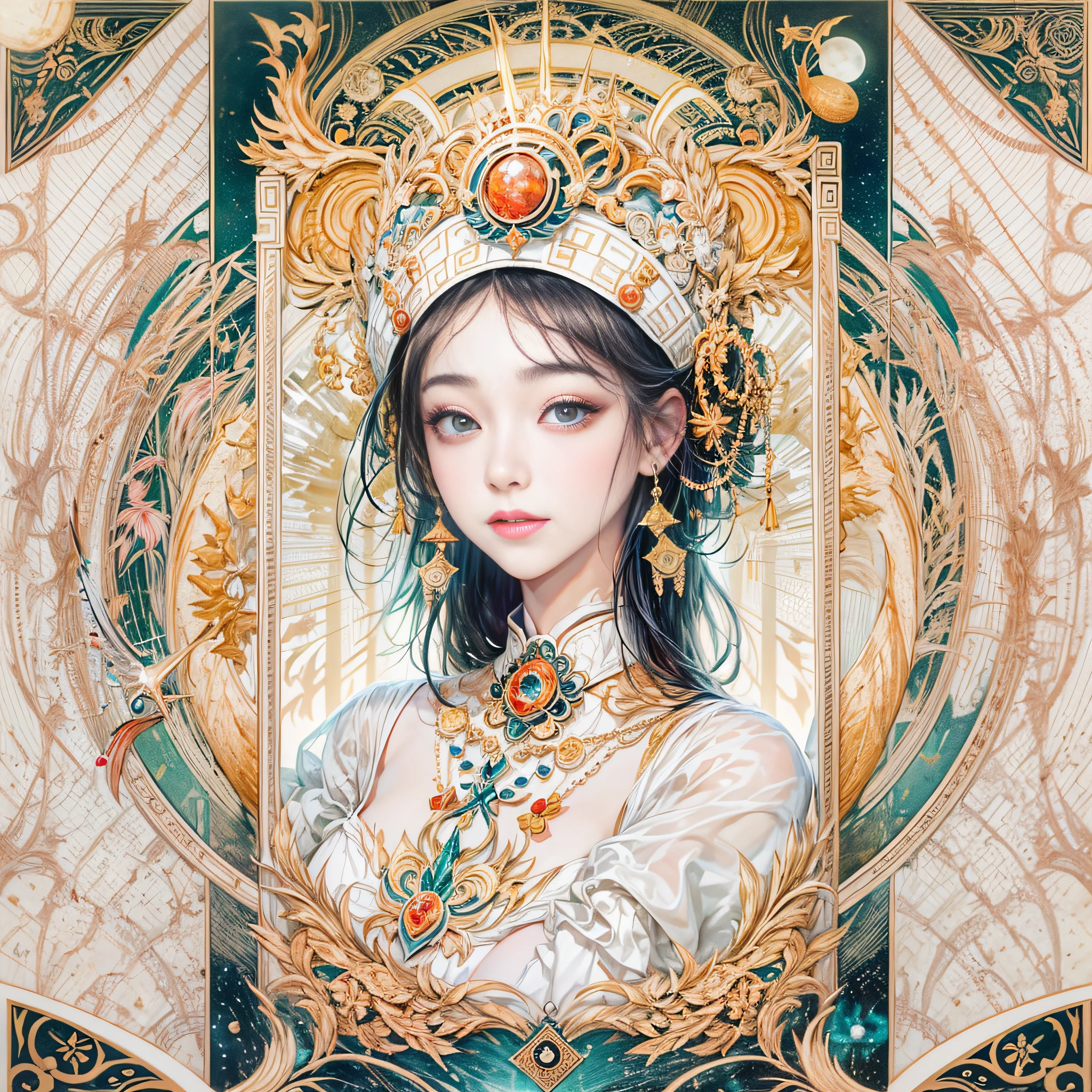(tarot card:1.5),(Graphic illustration:1.4, paper art, Quilted paper art, geomerty),rotational symmetry, (full-body shot:1.4), (Chang'e , moon, halo, exquisite headdress, smile), White background, (Chinese colors, senior color matching), ( bokeh, Out of Focus, Soft Lighting, movie lighting, God Ray, UHD)