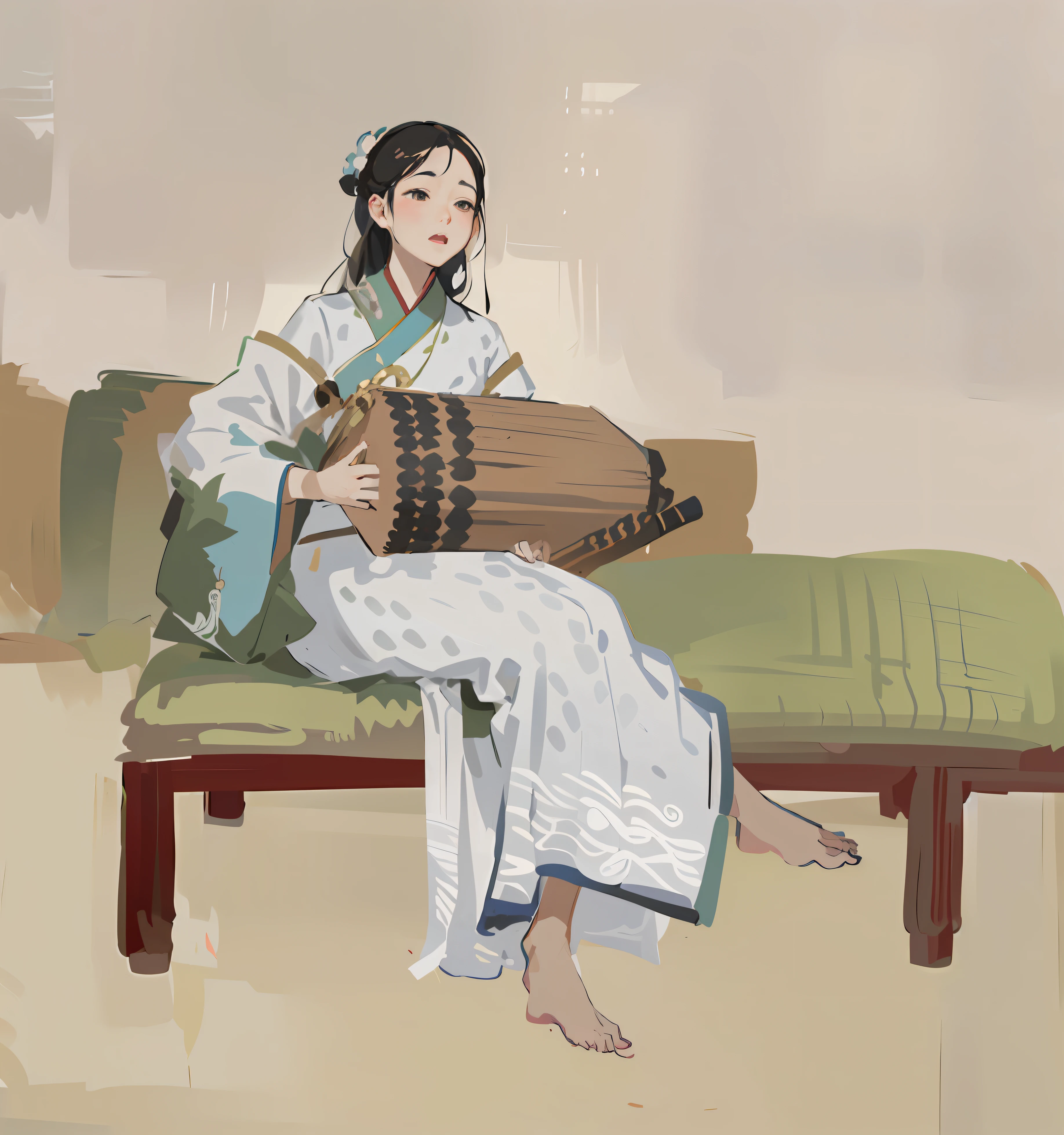 Close-up of painting of beautiful Chinese woman sitting on sofa and playing a musical instrument, making: Pang Kong Yi(Pang Kong Yi)(Pang Kong Yi(Pang Kong Yi))(Pang Kong Yi(Pang Kong Yi)(Pang Kong Yi(Fang Kong Yi))) (Pang Kong Yi(Pang Kong Yi)(Pang Kong Yi(Fang Kong Yi)) (Pang Kong Yi(Fang Kong Yi) (Fang Kong Yi (Fang Congyi)))), Pang Kong Yi(Pang Kong Yi)(Pang Kong Yi(Pang Kong Yi))(Pang Kong Yi(Pang Kong Yi)(Pang Kong Yi(Fang Kong Yi))) (Pang Kong Yi(Pang Kong Yi)(Pang Kong Yi(Fang Kong Yi)) (Pang Kong Yi(Fang Kong Yi) (Fang Kong Yi (Fang Congyi))))Songs inspired by, Yun Pei Ji (Yun Pei Ji) (Yun Pei Ji (Yun Pei Ji)) (Yun Pei Ji (Yun Pei Ji) (Yun Pei Ji (Yun Pei Ji)))Songs inspired by, making: Yun Pei Ji (Yun Pei Ji) (Yun Pei Ji (Yun Pei Ji)) (Yun Pei Ji (Yun Pei Ji) (Yun Pei Ji (Yun Pei Ji))), making: Kitao Shigemasa, Songs inspired by Gu Kaizhi, Pietro Longhi(Pietro Longhi)Inspired by, making: Hashiguchi Koyo, making: Chen Daofu