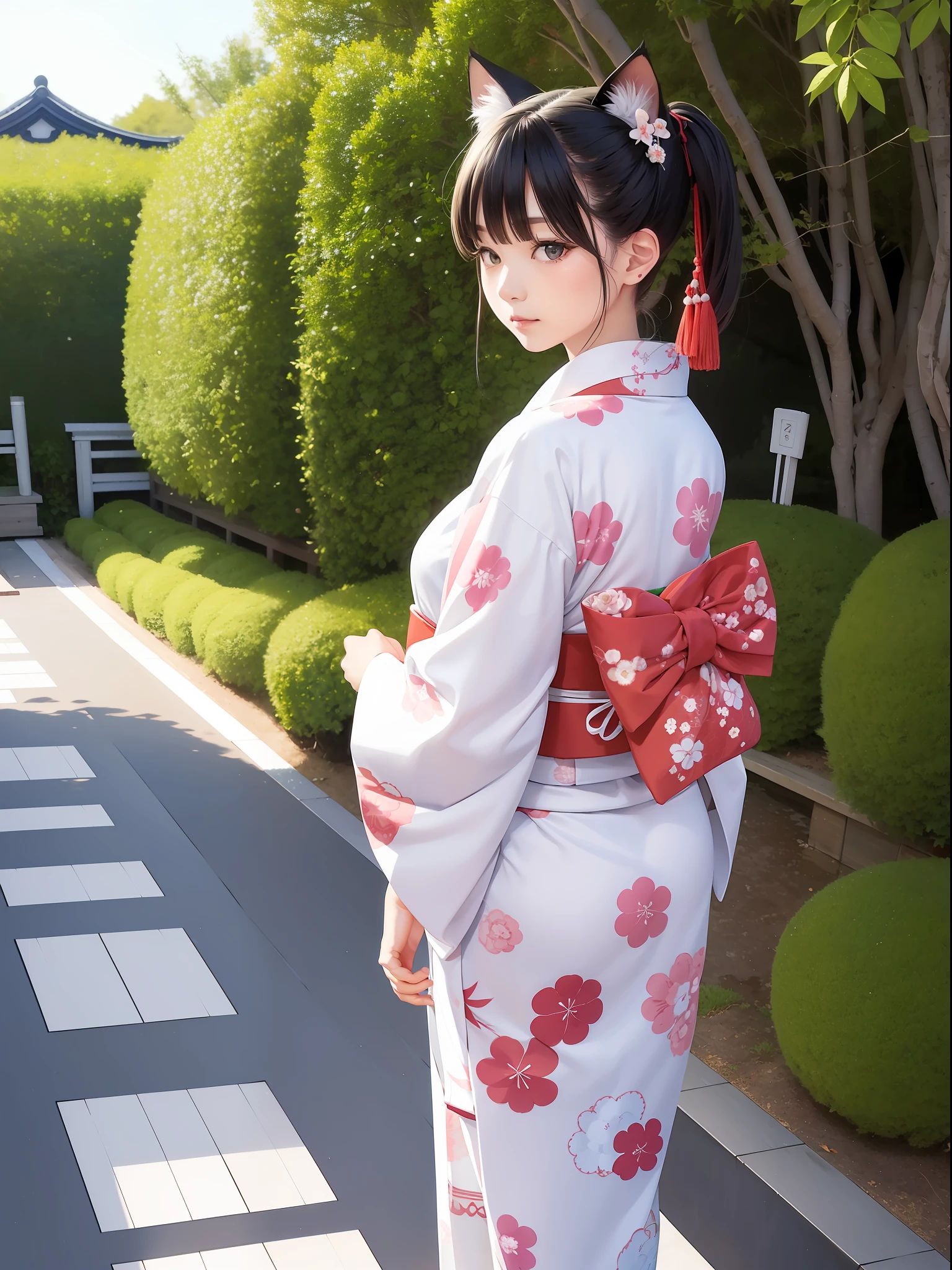 A Japanese style、kimono、Buson、Cat's ears、Look back,((Huge Big 1.9))