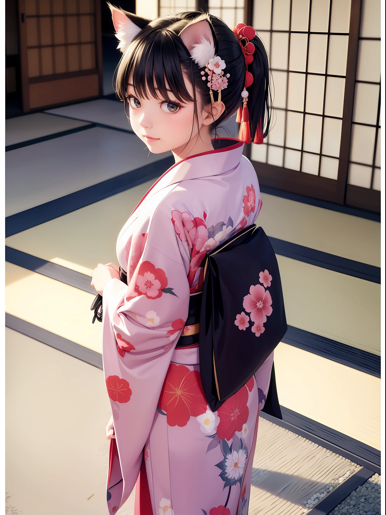 A Japanese style、kimono、Buson、Cat's ears、Look back,((Huge Big 1.9))