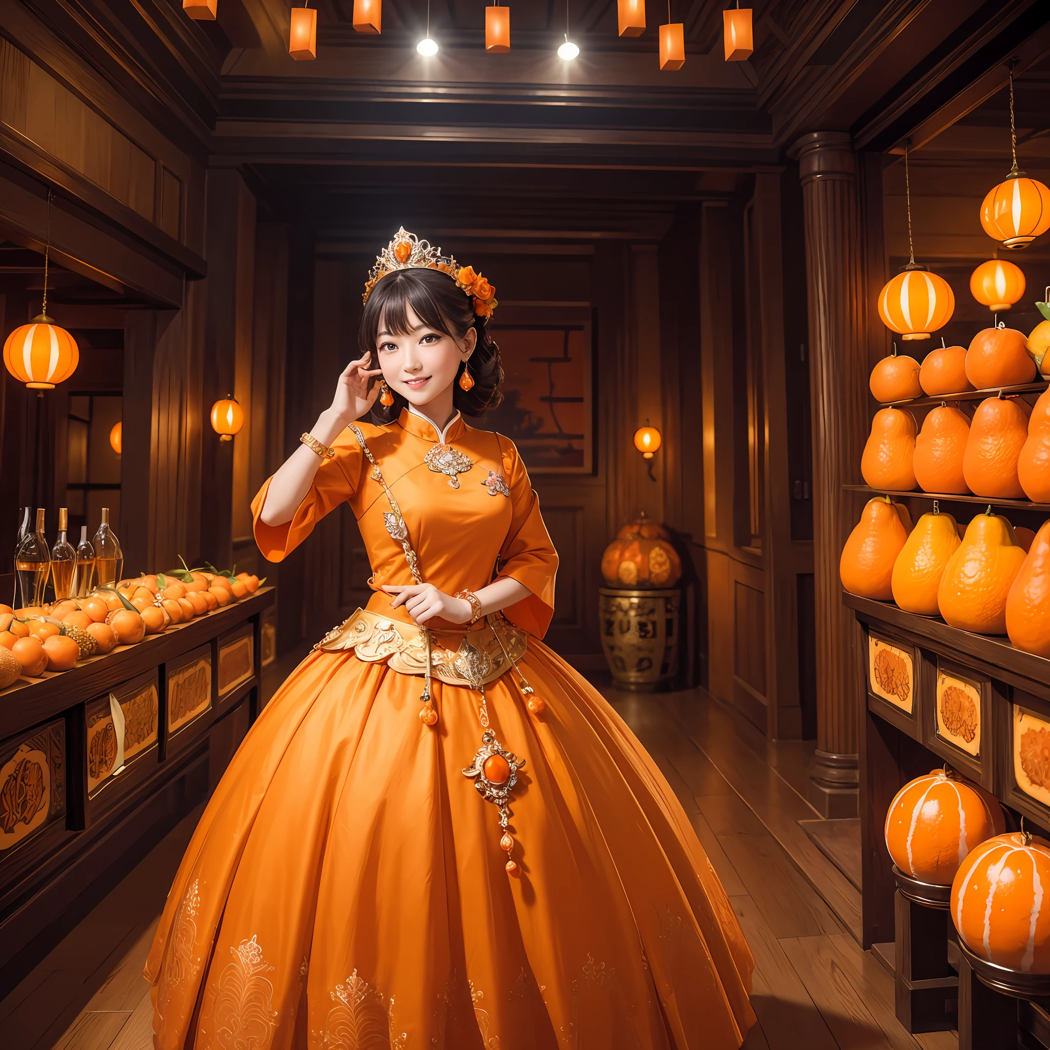 masterpiece、top-quality、realisitic、Photorealsitic、Orange-themed kingdom、Orange-themed castle、Princess in orange-themed dress、A Japanese Lady、Orange Accessories、Orange Jewelry、Surrounded by lots of oranges、Soldier in armor with orange motif、Bright décor、A smile、dynamic ungle、动态照明