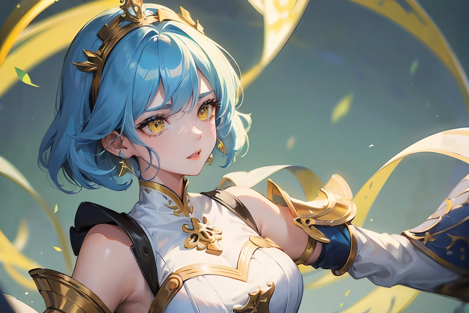 ((masterpiece)),(((best quality))), illustration, 1woman adult, (short hair), (poofy hair), blue hair, bangs, hairstyle fax, (yellow eyes), environment Scene change, hairstyle fax, pose Zitai, female, ancient armor, charturnbetalora, highly intricate accessories, highly intricate clothes, white dress, gold trim, Lightblue hair, bright color, earrings, armor, shoulder armor, hairband, holding sword close to face, fear expression