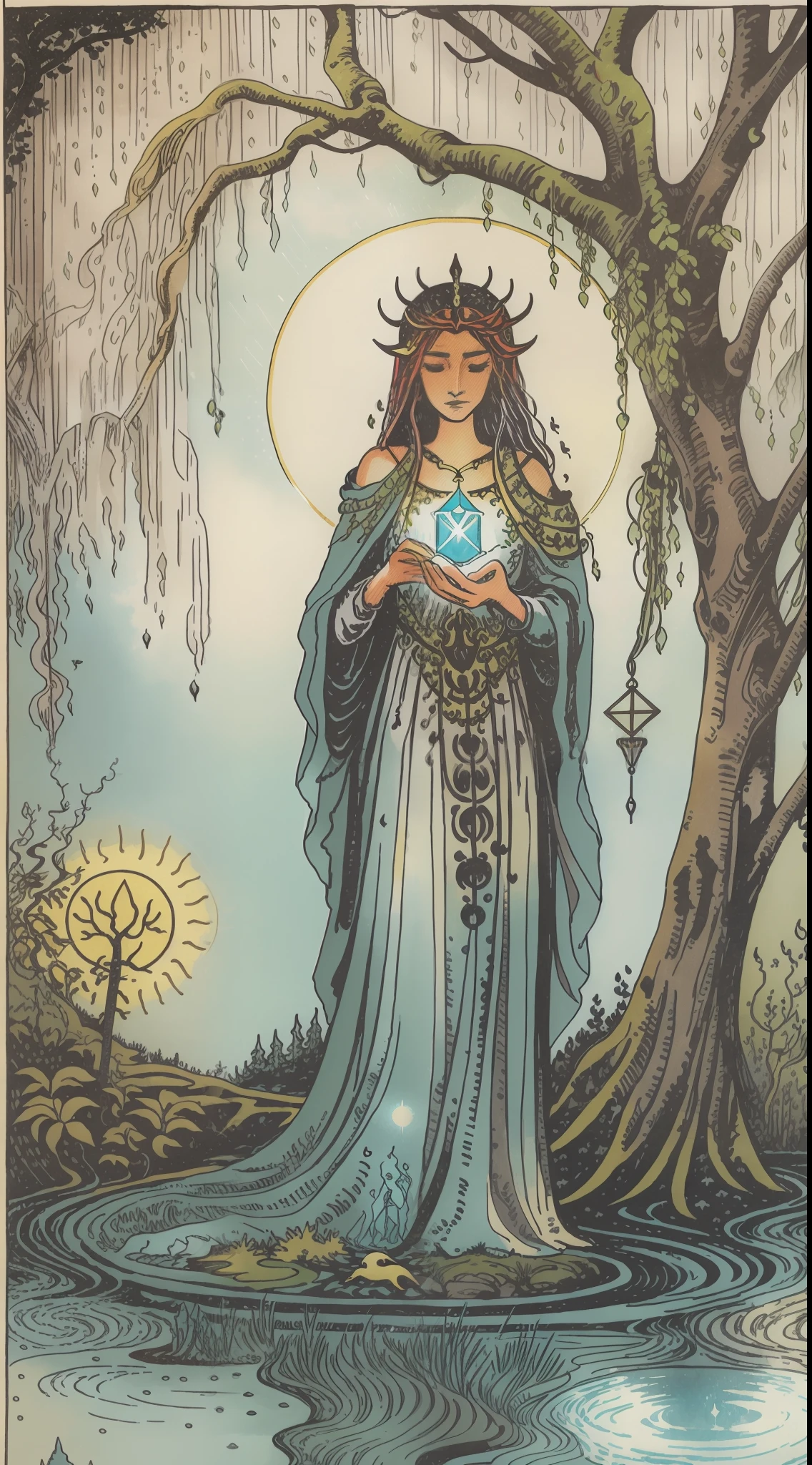 A mystical tarot card depicting "The Enchantress," a powerful sorceress standing by a moonlit lake, surrounded by weeping willows, casting a spell with glowing runes, mist rising from the water, an owl perched on her shoulder, evoking a sense of ancient magic and mystery, Illustration, watercolor on paper