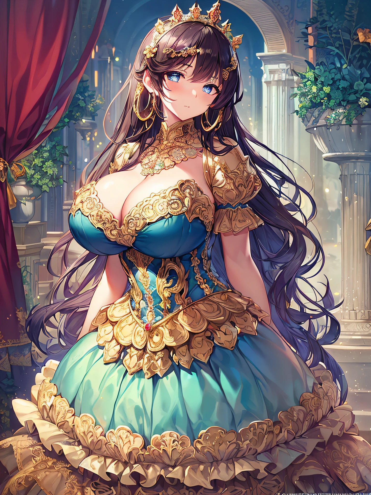 ((anime artstyle)),(Masterpiece),(Best Quality), (Super Detail),((Very Delicate and Beautiful)),((Solo)),((full body)),((1 princess in gorgeousfull rococo dress)),detailed face and eyes,jewel-like eyes,((voluminous Very Long Straight Hair)),(((gigantic tits,Long tits))),curvy,skindentation,((gorgeousfull embroidery and lace)),gorgeous corsage,See-through,gorgeousfull hair ornament,gorgeousfull glitter jeweled tiara,ornate ruffles,((full body)),((hoop skirt,crinoline)),Dynamic Angle,Looking at viewer,(((gorgeous embroidery gorgeousfull rococo dress)),full body