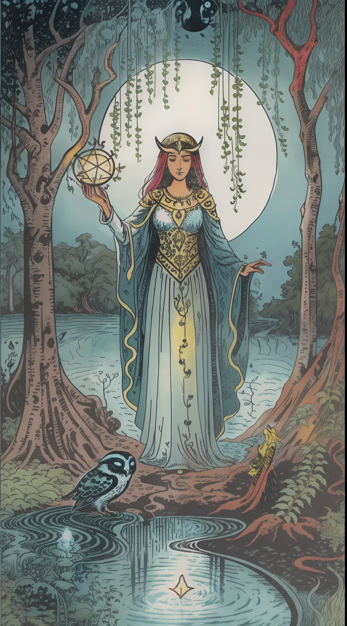 A mystical tarot card depicting "The Enchantress," a powerful sorceress standing by a moonlit lake, surrounded by weeping willows, casting a spell with glowing runes, mist rising from the water, an owl perched on her shoulder, evoking a sense of ancient magic and mystery, Illustration, watercolor on paper