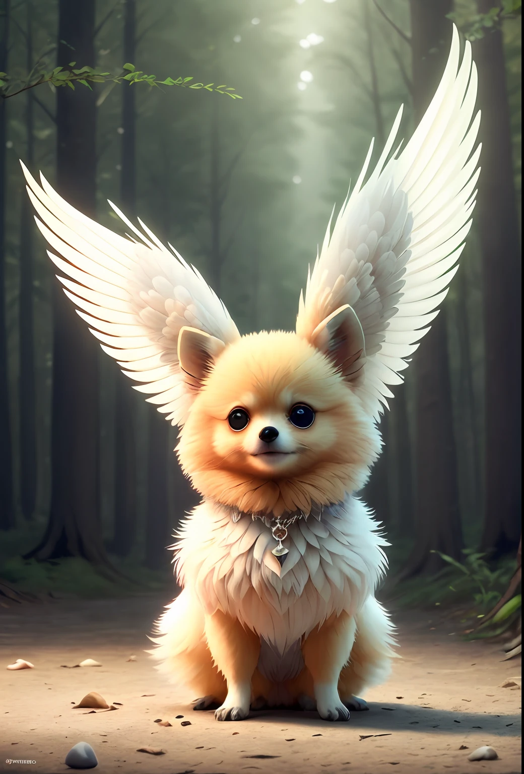 A feathered baby Pomeranian with wings, pelo colorido de penas espessas, sentado em um tronco na floresta, usando um colar futurista com pequenas luzes coloridas, pelo altamente detalhado, fofo, symmetr, soft-lighting, rosto altamente detalhado, arte conceitual, pintura digital, looking-into-camera, (vaga-lumes), nevoeiro, noite, lua, symmetr, (cbzbb: 1.25) lindos grandes olhos circulares reflexivos brilhantes, unreal engine cinematic smooth, detalhes intrincados